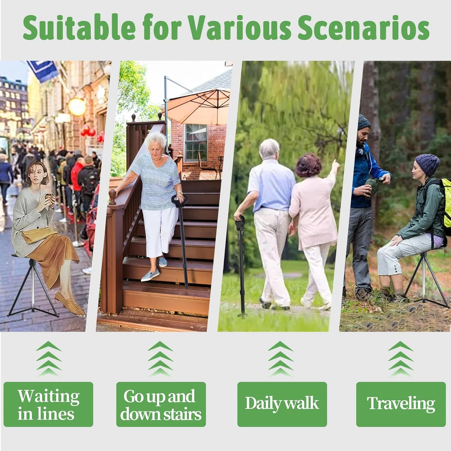 عصای پیاده روی صندلی دار ALEVMOOM، عصای تاشو قابل حمل، صندلی عصایی برای بزرگسالان، صندلی جمع شونده سبک وزن برای سالمندان، حداکثر بار 200 کیلوگرم، صندلی استراحت مسافرتی در فضای باز با کیف حمل