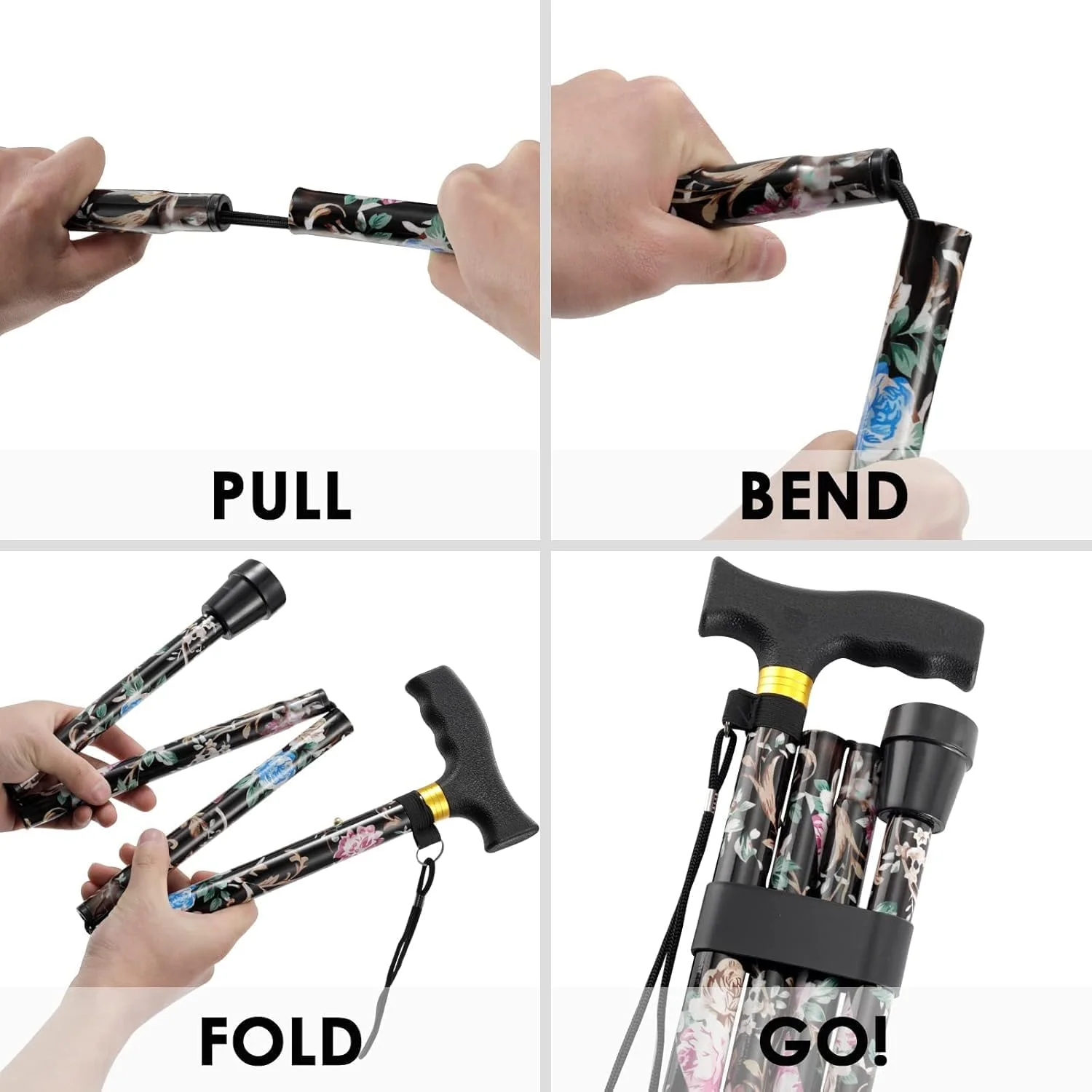 عصای پیاده روی ANCKNE برای خانم ها | سبک وزن، قابل تنظیم در 5 سطح ارتفاع و عصای تاشو آلومینیومی برای سالمندان | دسته چرخ دار ارگونومیک | عصای تاشو قابل حمل