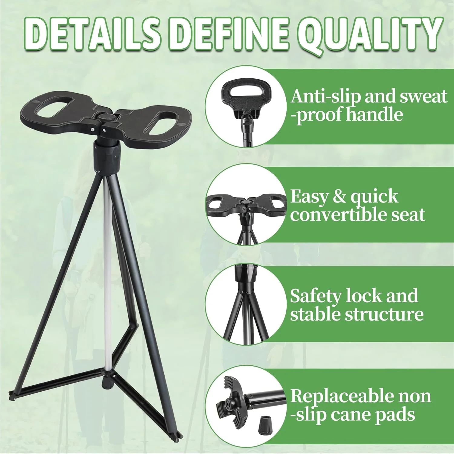 عصای پیاده روی صندلی دار ALEVMOOM، عصای تاشو قابل حمل، صندلی عصایی برای بزرگسالان، صندلی جمع شونده سبک وزن برای سالمندان، حداکثر بار 200 کیلوگرم، صندلی استراحت مسافرتی در فضای باز با کیف حمل