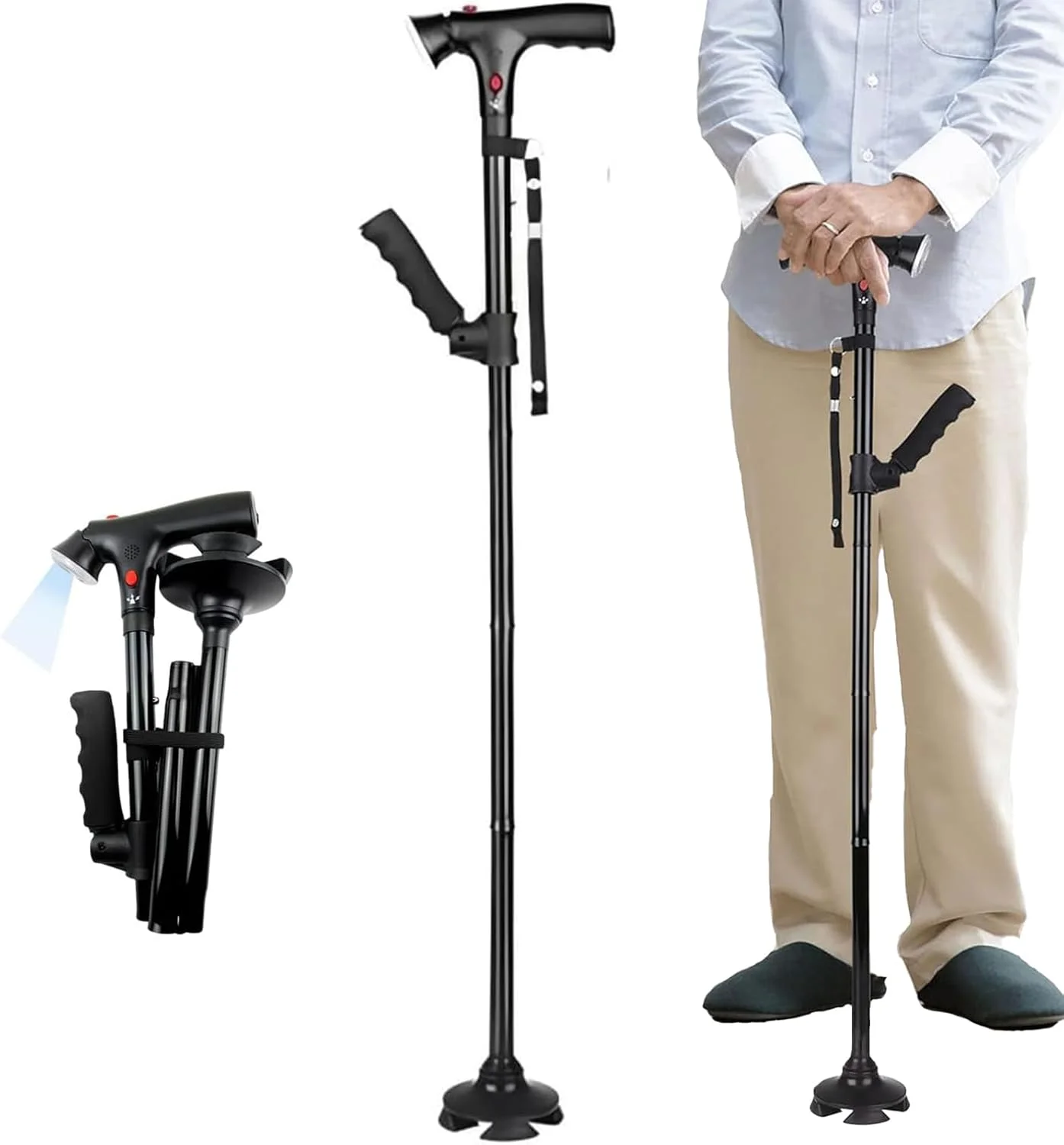 عصای تاشو الکاظمی با چراغ LED و آلارم، عصای دسته قابل تنظیم، مناسب برای سالمندان با دسته T نرم و پایه چهارگانه برای پیاده روی، کوهنوردی و کوله گردی عصای تاشو الکاظمی با چراغ LED و آلارم، عصای دسته قابل تنظیم، مناسب برای سالمندان با دسته T نرم و پایه چهارگانه برای پیاده روی، کوهنوردی و کوله گردی