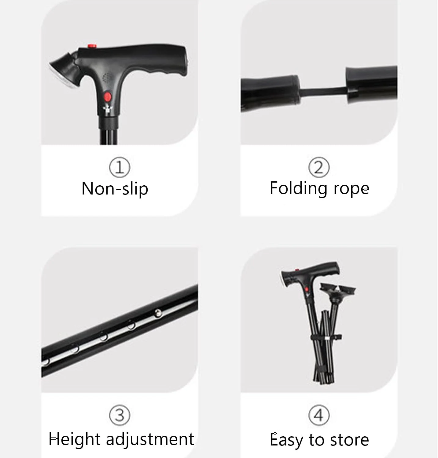 عصای تاشو الکاظمی با چراغ LED و آلارم، عصای دسته قابل تنظیم، مناسب برای سالمندان با دسته T نرم و پایه چهارگانه برای پیاده روی، کوهنوردی و کوله گردی عصای تاشو الکاظمی با چراغ LED و آلارم، عصای دسته قابل تنظیم، مناسب برای سالمندان با دسته T نرم و پایه چهارگانه برای پیاده روی، کوهنوردی و کوله گردی