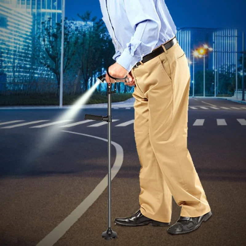 عصای تاشو الکاظمی با چراغ LED و آلارم، عصای دسته قابل تنظیم، مناسب برای سالمندان با دسته T نرم و پایه چهارگانه برای پیاده روی، کوهنوردی و کوله گردی عصای تاشو الکاظمی با چراغ LED و آلارم، عصای دسته قابل تنظیم، مناسب برای سالمندان با دسته T نرم و پایه چهارگانه برای پیاده روی، کوهنوردی و کوله گردی