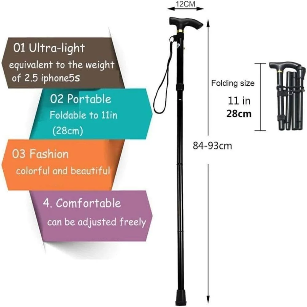 عصای پیاده روی تاشو با قابلیت تنظیم ارتفاع، آلیاژ آلومینیوم، پایه لاستیکی ضد لغزش، مشکی