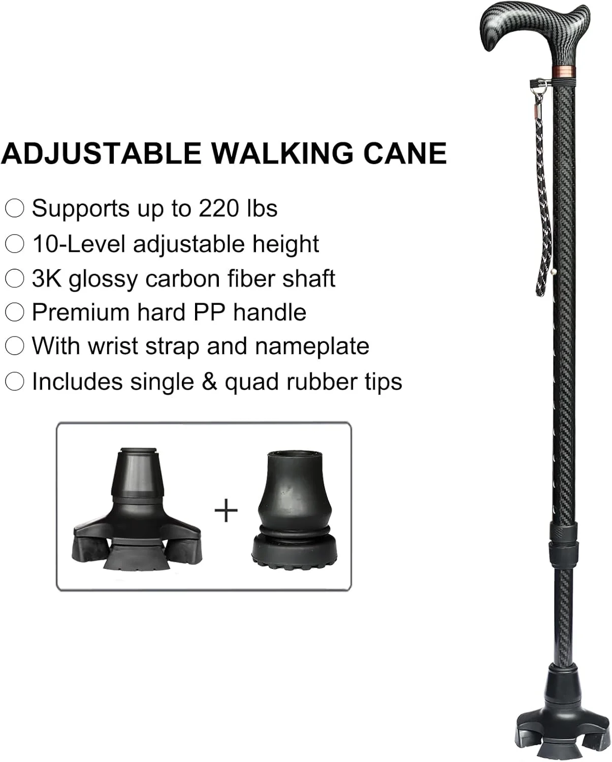 عصای فیبر کربنی قابل تنظیم - عصای پیاده روی سبک وزن برای مردان و زنان، عصای پیاده روی ممتاز برای سالمندان با نوک های لاستیکی چهارگانه و تکی، دسته ارگونومیک و بند مچ