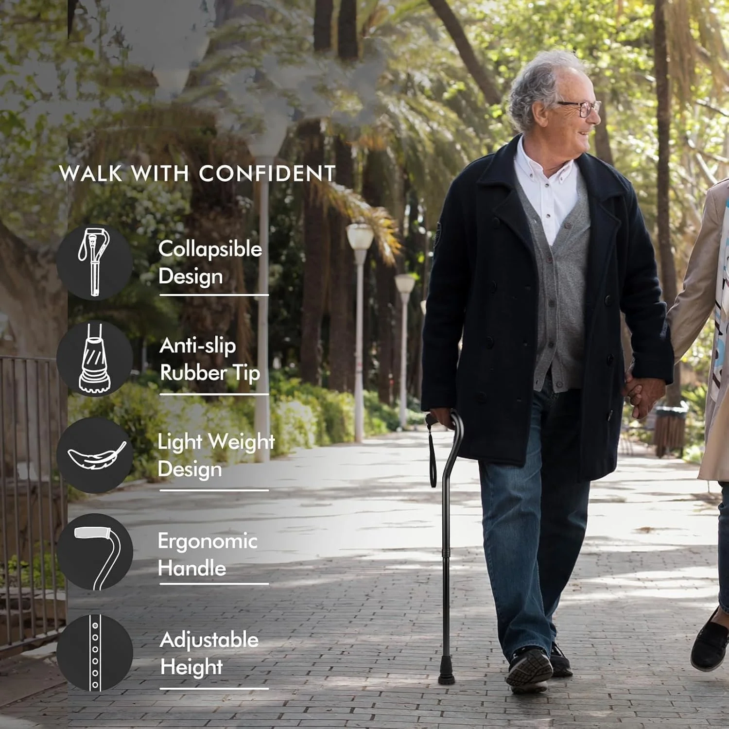 عصای تاشو، عصای تاشو قابل تنظیم، عصای پیاده روی تاشو برای مردان، زنان، سبک وزن، قابل تنظیم، عصای دستی قابل حمل - کمک تعادلی حرکتی - دسته های شیک و راحت