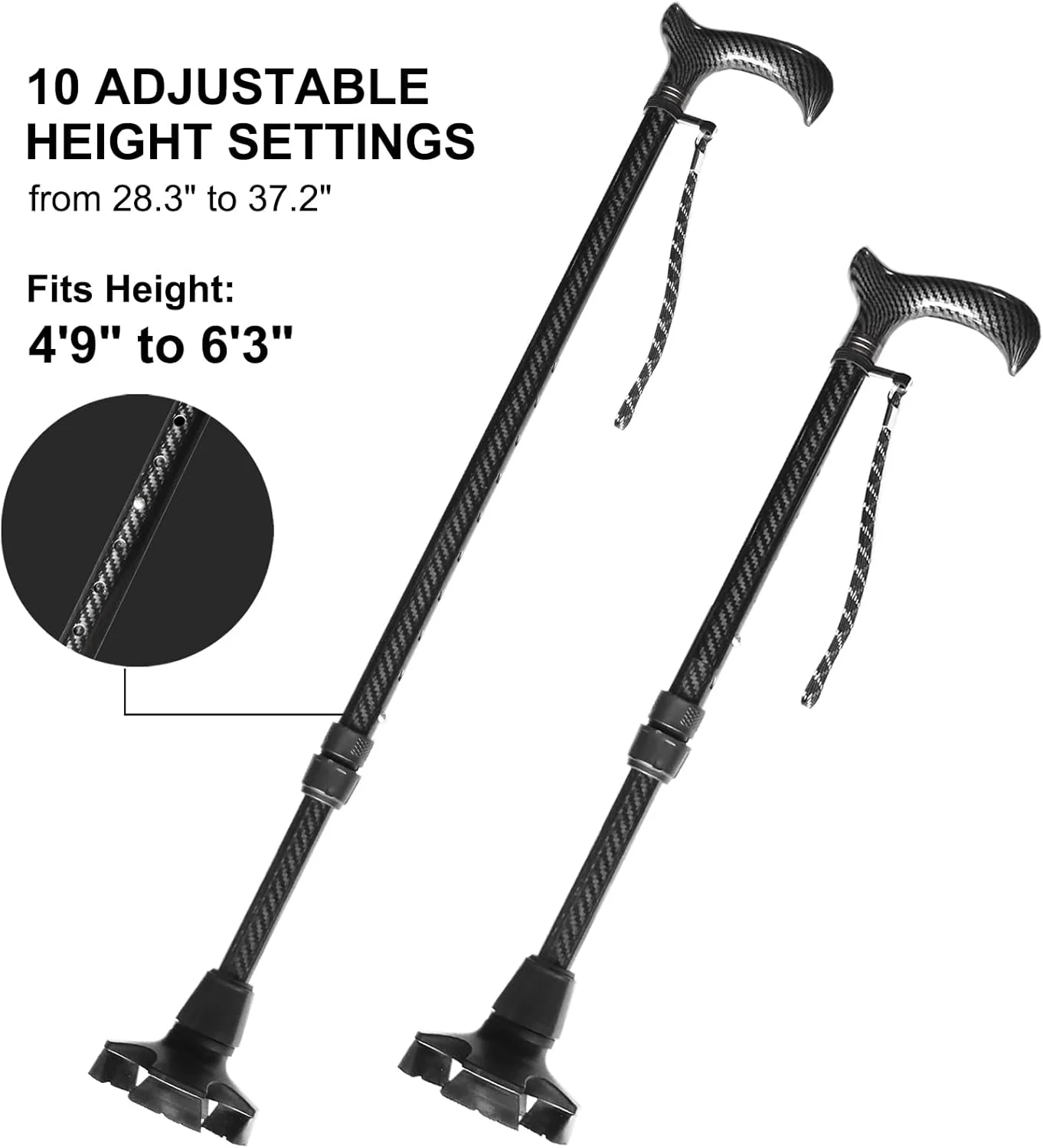 عصای فیبر کربنی قابل تنظیم - عصای پیاده روی سبک وزن برای مردان و زنان، عصای پیاده روی ممتاز برای سالمندان با نوک های لاستیکی چهارگانه و تکی، دسته ارگونومیک و بند مچ