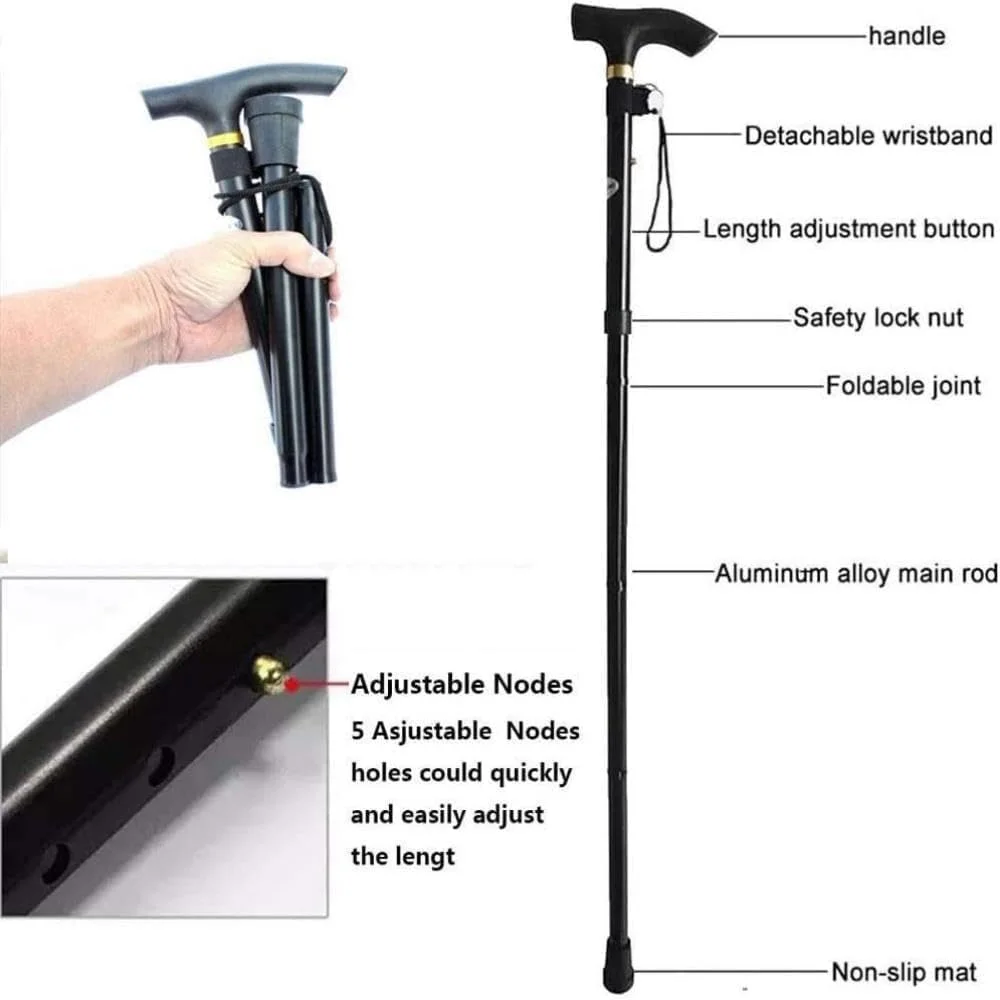 عصای پیاده روی تاشو با قابلیت تنظیم ارتفاع، آلیاژ آلومینیوم، پایه لاستیکی ضد لغزش، مشکی