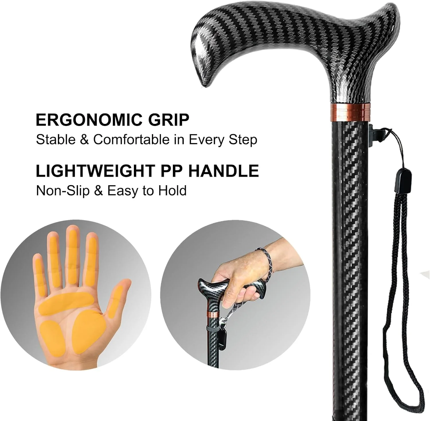 عصای فیبر کربنی قابل تنظیم - عصای پیاده روی سبک وزن برای مردان و زنان، عصای پیاده روی ممتاز برای سالمندان با نوک های لاستیکی چهارگانه و تکی، دسته ارگونومیک و بند مچ