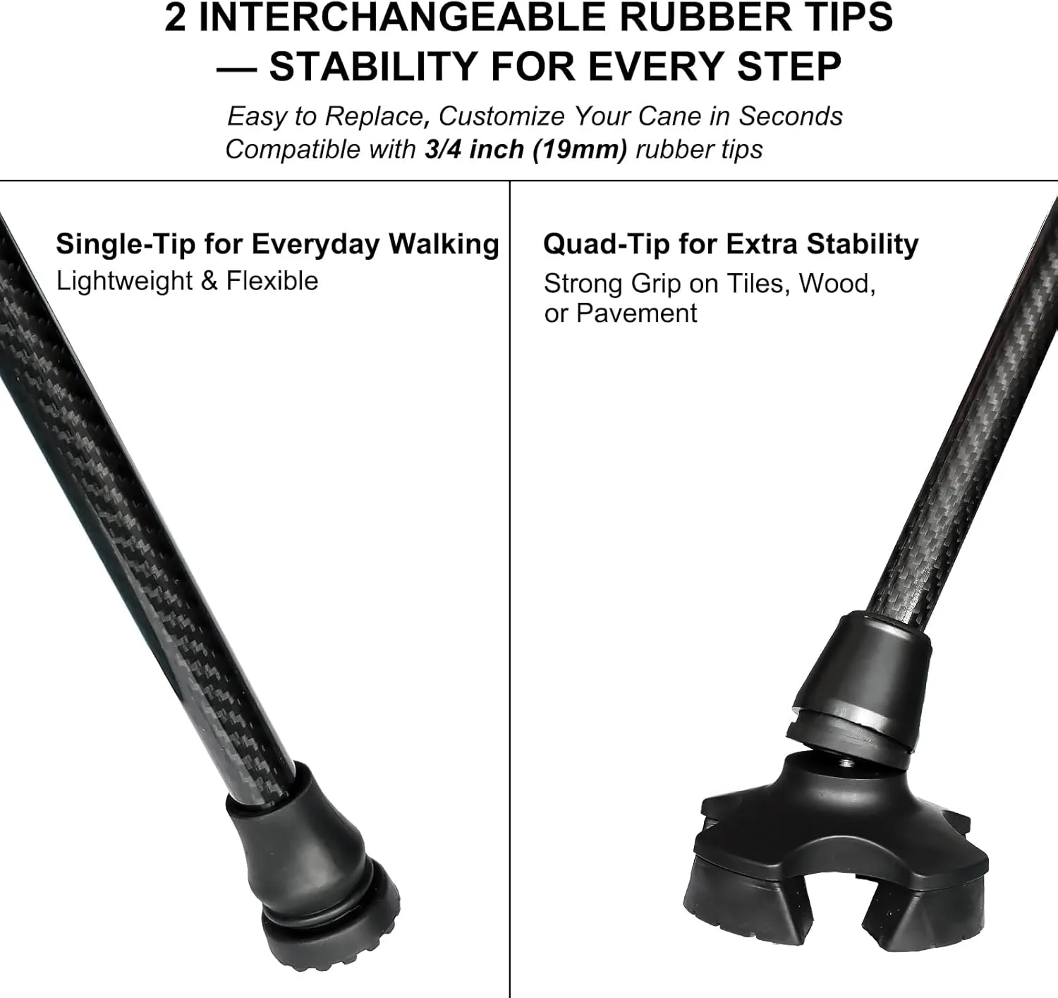 عصای فیبر کربنی قابل تنظیم - عصای پیاده روی سبک وزن برای مردان و زنان، عصای پیاده روی ممتاز برای سالمندان با نوک های لاستیکی چهارگانه و تکی، دسته ارگونومیک و بند مچ