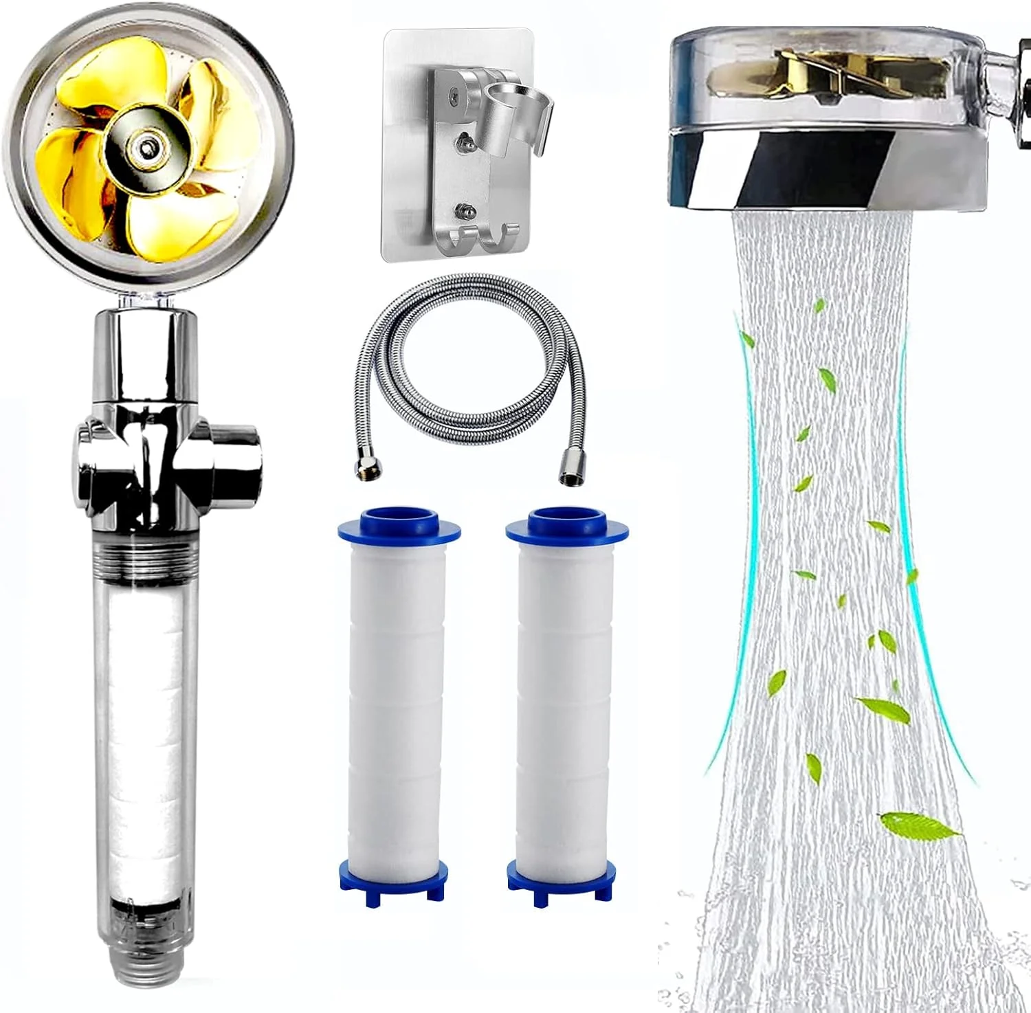 سری دوش حمام پرفشار Mrs Fei با فیلتر، مجموعه سری دوش جت دار چرخشی 360 درجه با 2 فیلتر، شلنگ و نگهدارنده طلایی، سری دوش فن توربو پروانه ای