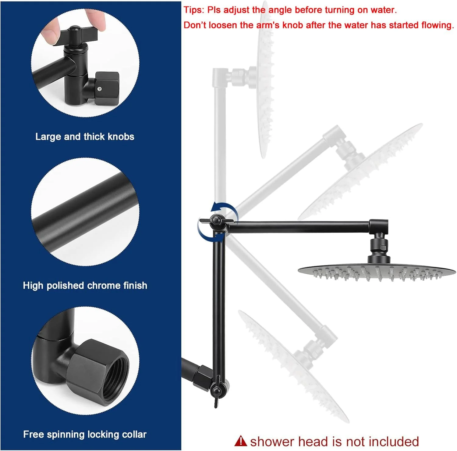 بازوی دوش قابل تنظیم NearMoon، مشکی مات، 16 اینچ، 3 حالت، برنجی جامد و مستحکم، نصب آسان و بدون نیاز به ابزار، بدون قطعات پلاستیکی
