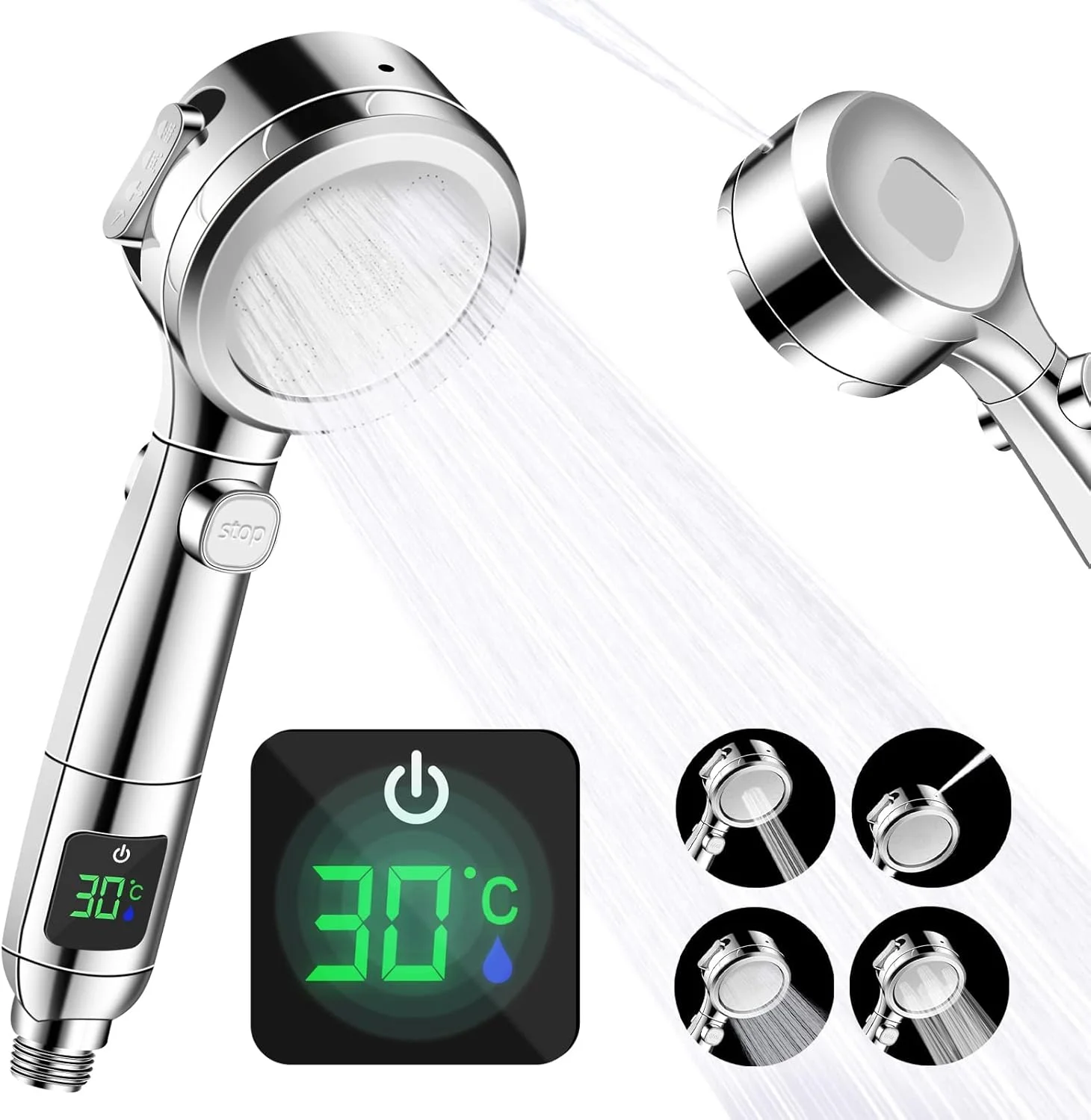 سردوش حمام KASTWAVE، سردوش صرفه جویی در آب با افزایش فشار، 4 حالت جت، سردوش بزرگ انرژی جهانی، نمایشگر دما، کلید مکث تک دکمه ای