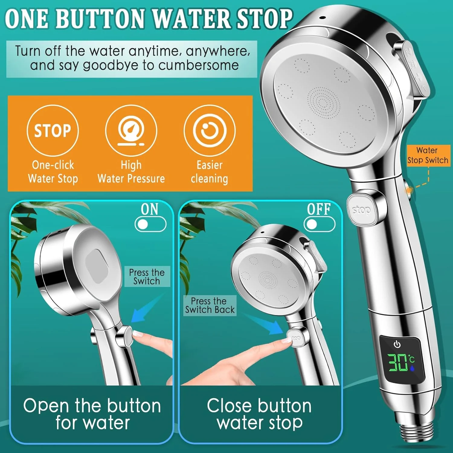 سردوش حمام KASTWAVE، سردوش صرفه جویی در آب با افزایش فشار، 4 حالت جت، سردوش بزرگ انرژی جهانی، نمایشگر دما، کلید مکث تک دکمه ای