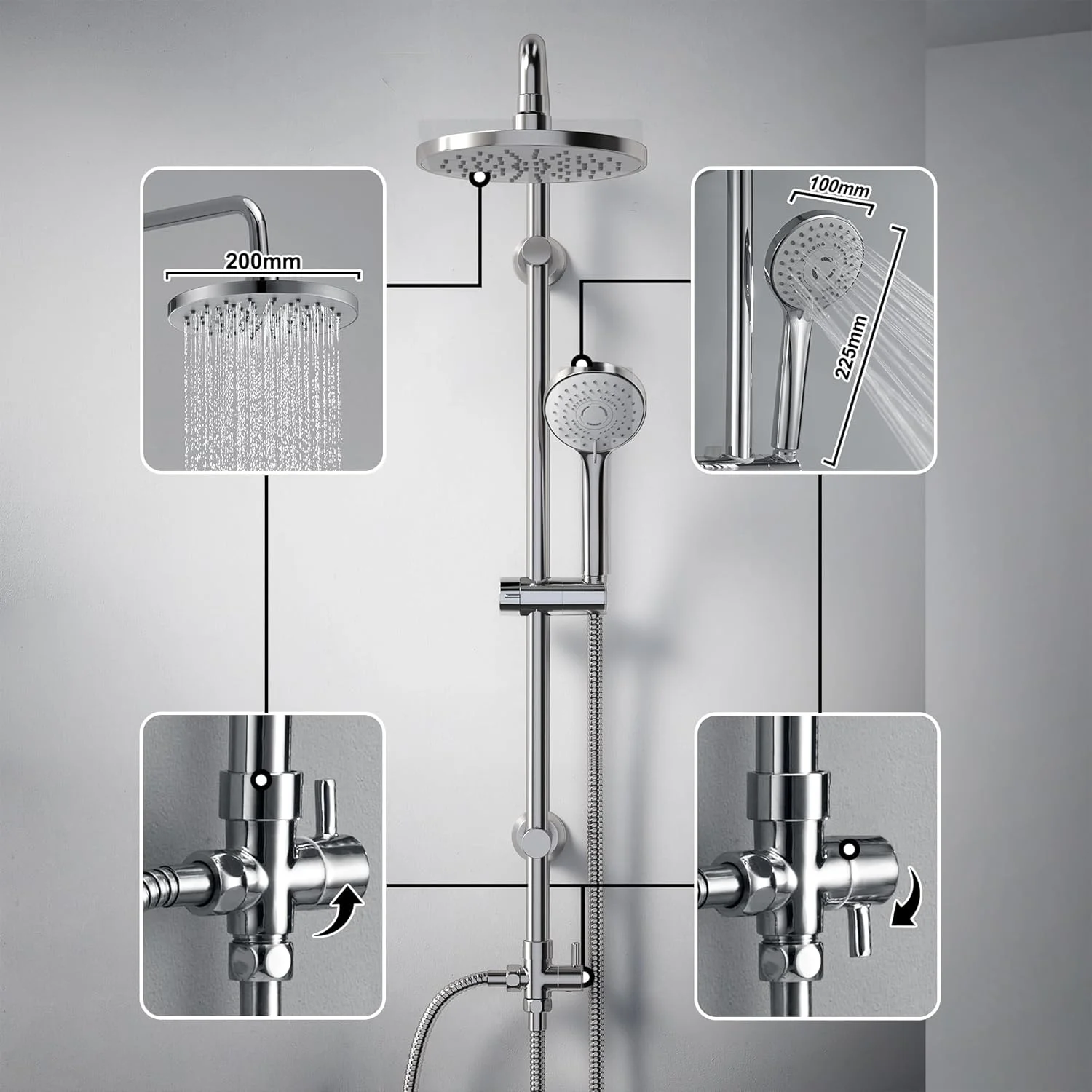 سیستم دوش استیل ضد زنگ JOHO، میله دوش، ست دوش بارانی با سر دوش ABS به قطر 23 سانتی متر