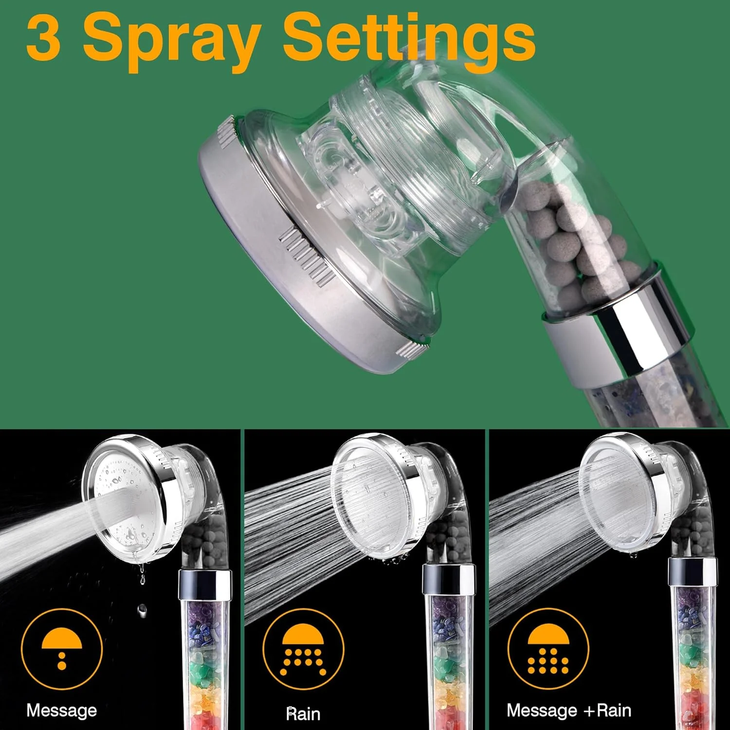 سردوش فیلتردار APETHS، سردوش با 3 حالت با اسپری دستی، سردوش فشار قوی با شلنگ 79 اینچی فوق العاده بلند و نگهدارنده، تصفیه با 7 مهره سنگ کریستالی طبیعی