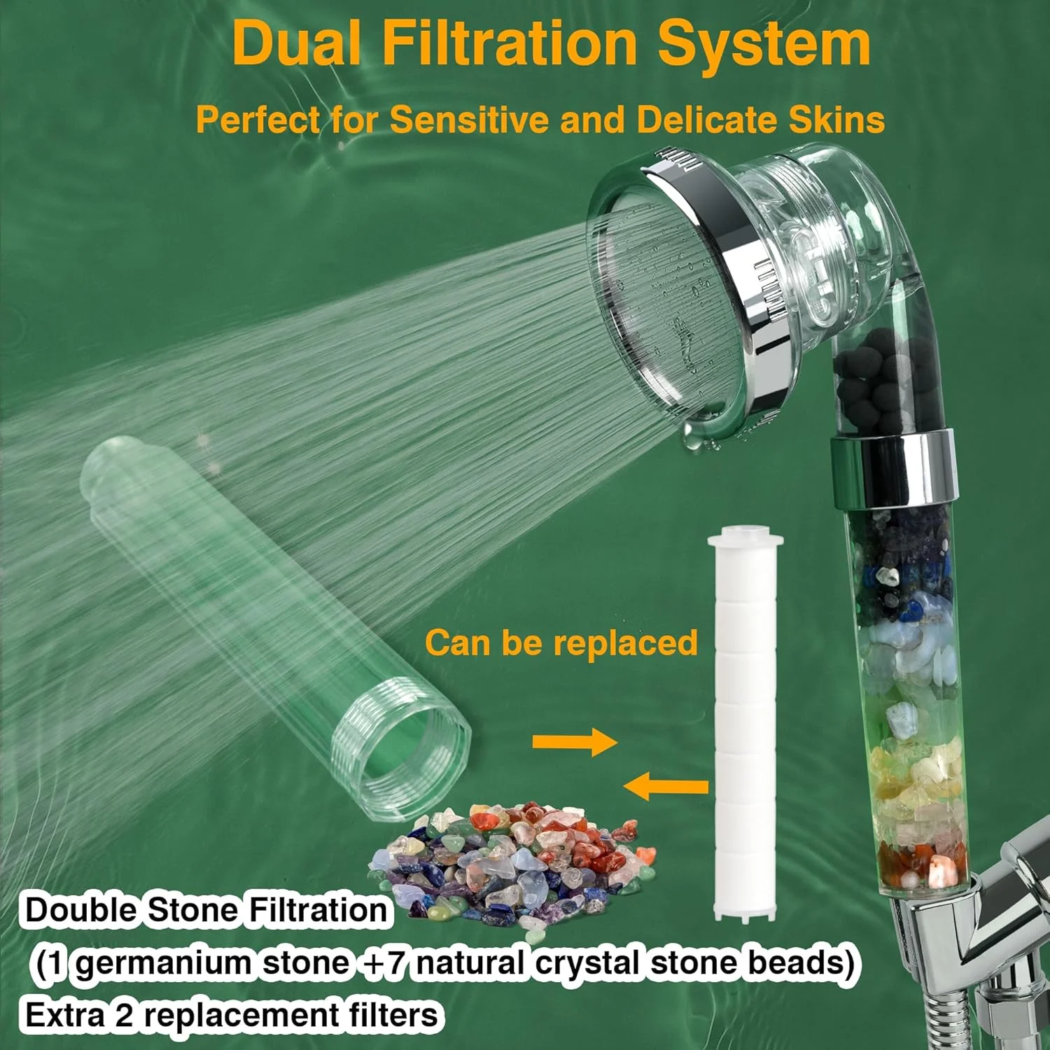 سردوش فیلتردار APETHS، سردوش با 3 حالت با اسپری دستی، سردوش فشار قوی با شلنگ 79 اینچی فوق العاده بلند و نگهدارنده، تصفیه با 7 مهره سنگ کریستالی طبیعی