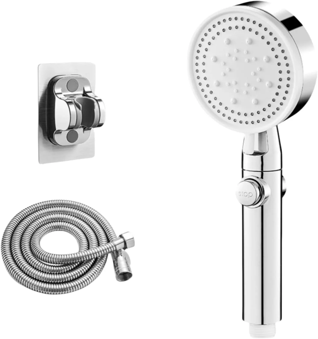 ست دوش حمام کامیتی، ست سردوش های صرفه جویی در آب 5 حالته، سردوش با شلنگ 1.5 متری و نگهدارنده، سردوش دستی قدرتمند با دکمه توقف آب (نقره ای)