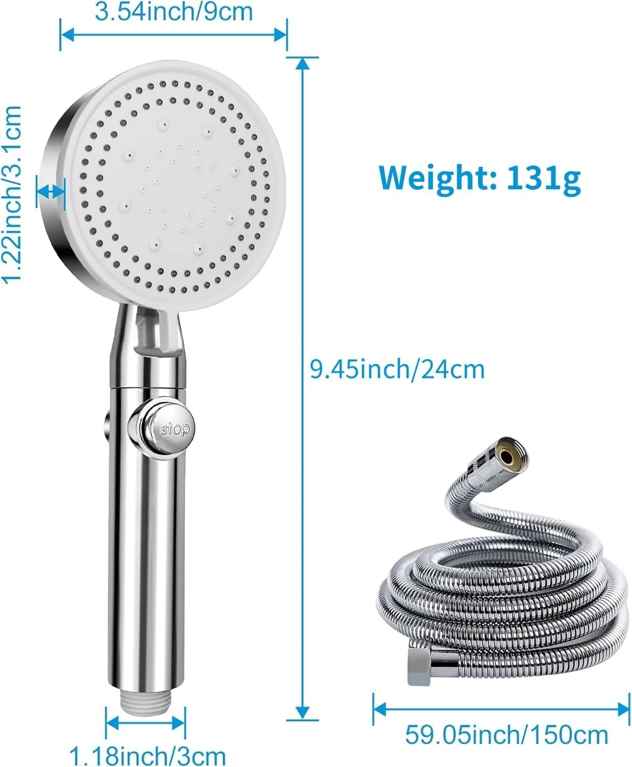 ست دوش حمام کامیتی، ست سردوش های صرفه جویی در آب 5 حالته، سردوش با شلنگ 1.5 متری و نگهدارنده، سردوش دستی قدرتمند با دکمه توقف آب (نقره ای)