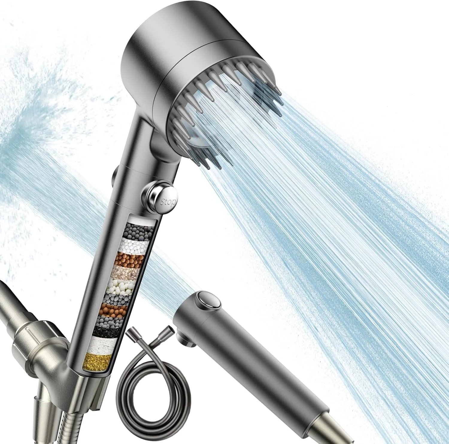 سردوش فیلتردار دستی Beauenty، جریان آب پرفشار و چند حالته، دارای فیلتر، شلنگ و فیلتر آب قابل تنظیم برای آب سخت، سردوش با دکمه روشن/خاموش