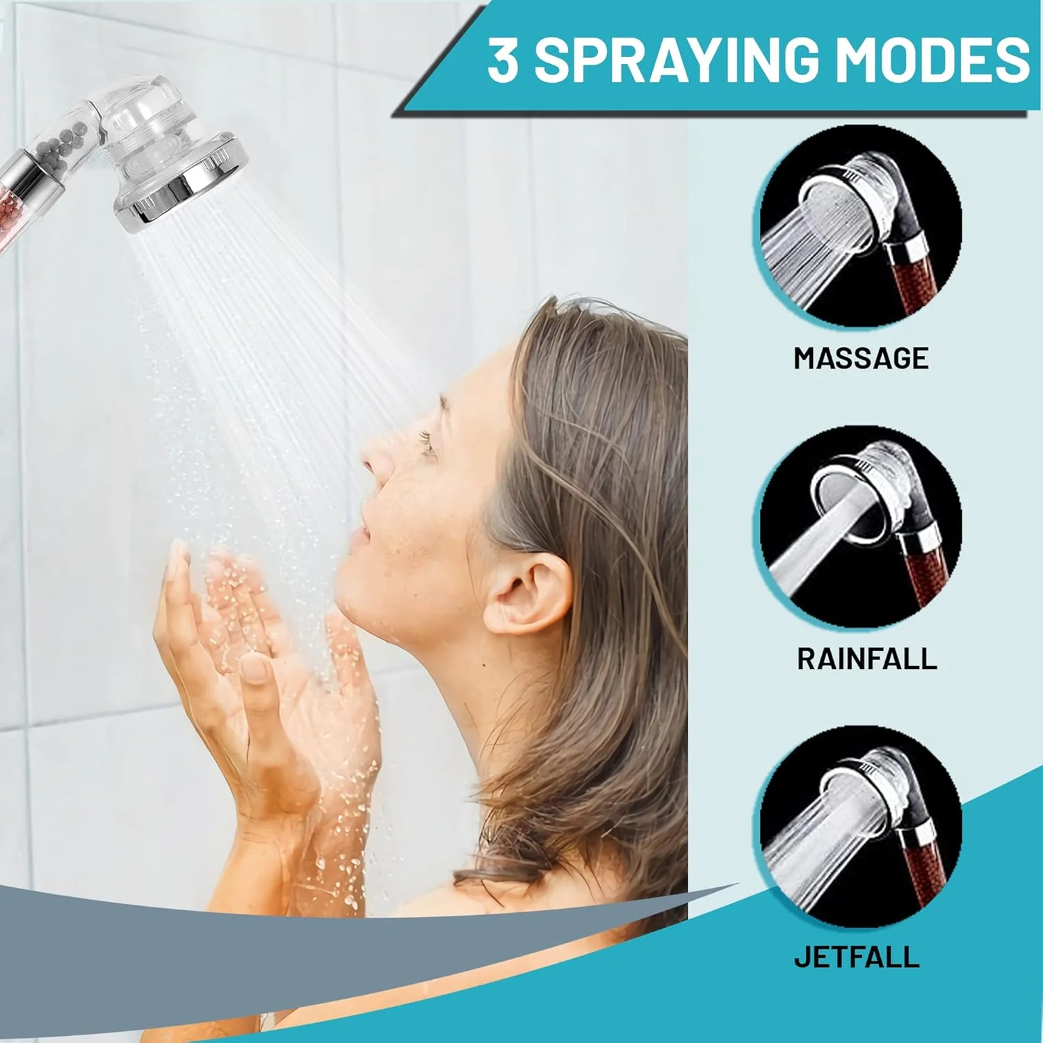 دوش دستی Showay، فشار قوی با 3 حالت تنظیمات صرفه جویی در آب، سر فیلتر جداشدنی برای مو و پوست، توپ های معدنی قابل تعویض، شفاف Shower01