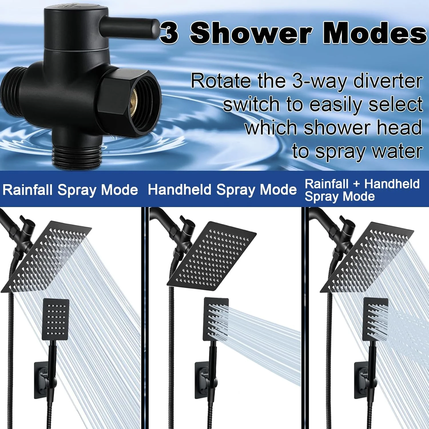 مجموعه سر دوش بارانی مربعی فشار قوی WOSAISIUS، مجهز به سردوش دستی تمام فلزی، شلنگ فوق العاده بلند 78 اینچی، سه راهی تغییر مسیر، نگهدارنده چسبی سردوش (ست سردوش مربعی مشکی)