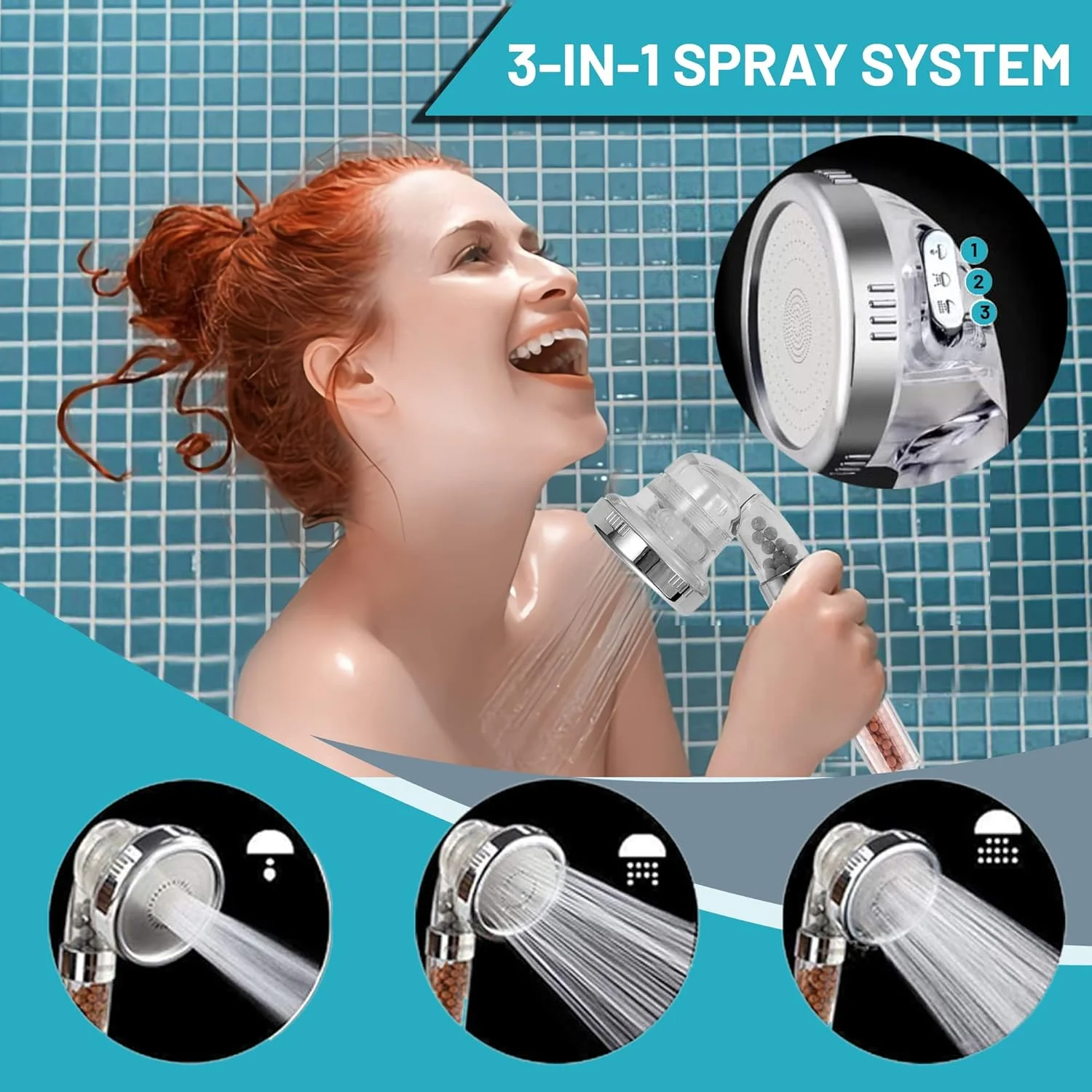 دوش دستی Showay، فشار قوی با 3 حالت تنظیمات صرفه جویی در آب، سر فیلتر جداشدنی برای مو و پوست، توپ های معدنی قابل تعویض، شفاف Shower01