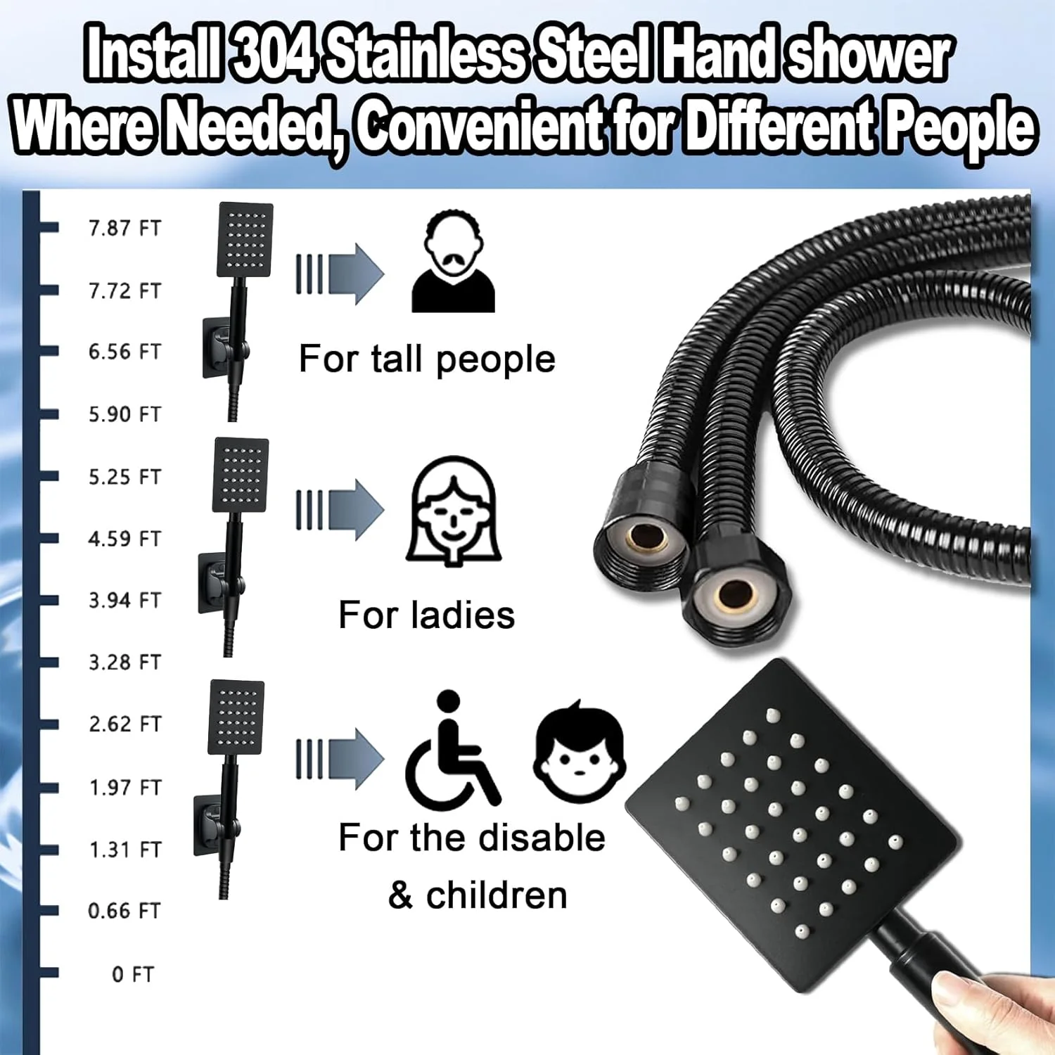 مجموعه سر دوش بارانی مربعی فشار قوی WOSAISIUS، مجهز به سردوش دستی تمام فلزی، شلنگ فوق العاده بلند 78 اینچی، سه راهی تغییر مسیر، نگهدارنده چسبی سردوش (ست سردوش مربعی مشکی)