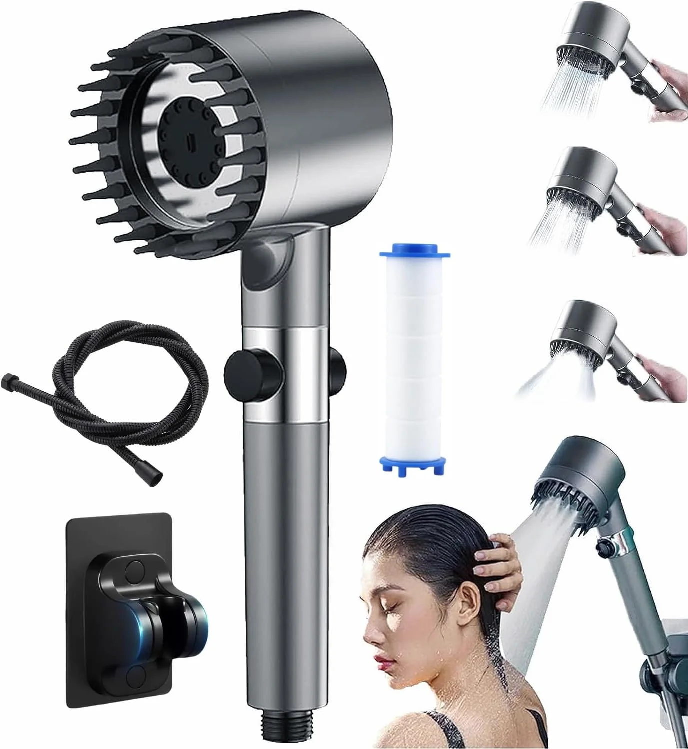 سردوش حمام فشار قوی LO'REYVONNE، ست سردوش دستی فیلتردار تصفیه کننده آب سخت، سردوش ماساژور با 3 حالت اسپری، شلنگ ضد انفجار 1.5 متری و پایه (خاکستری کلاسیک)