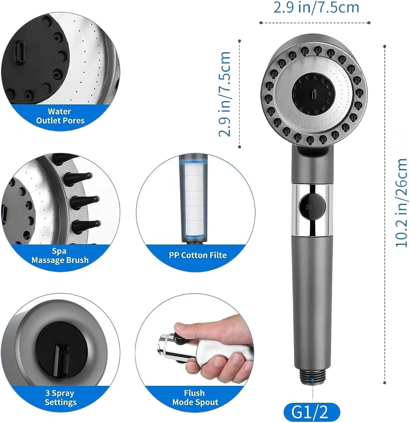 سردوش حمام فشار قوی LO'REYVONNE، ست سردوش دستی فیلتردار تصفیه کننده آب سخت، سردوش ماساژور با 3 حالت اسپری، شلنگ ضد انفجار 1.5 متری و پایه (خاکستری کلاسیک)