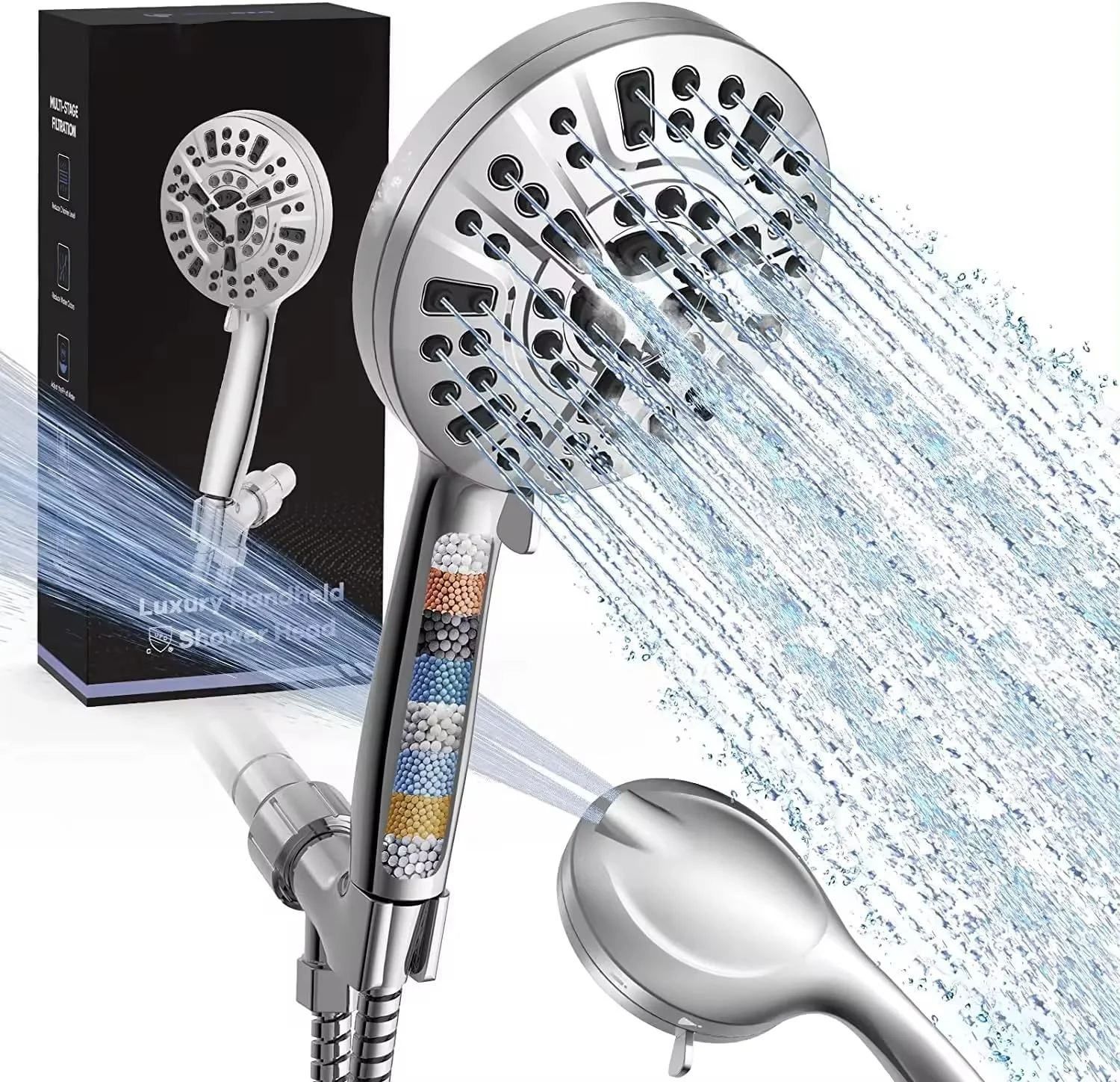 سردوش فیلتردار FZ GLOBAL با سردوش دستی 10 حالته به همراه پایه و شلنگ 1.5 متری، سردوش صرفه جویی در آب با فشار بالا به همراه فیلتر آب سخت (سردوش به همراه شلنگ)