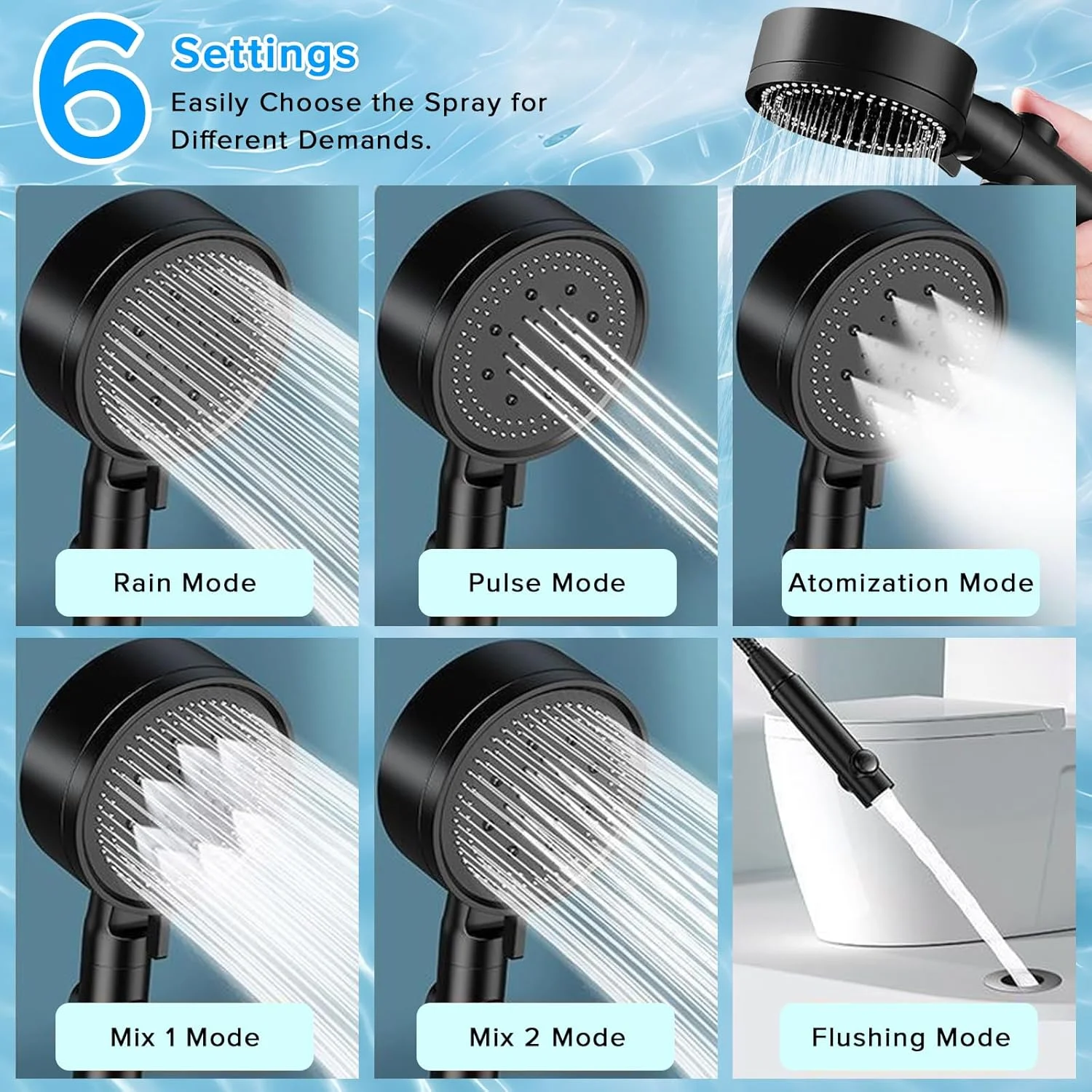 سردوش حمام فشار قوی Yakiter، سردوش دستی، 6 حالت اسپری با دکمه روشن/خاموش، مجموعه سردوش ماساژ چند منظوره با شلنگ استیل ضد زنگ و براکت قابل تنظیم