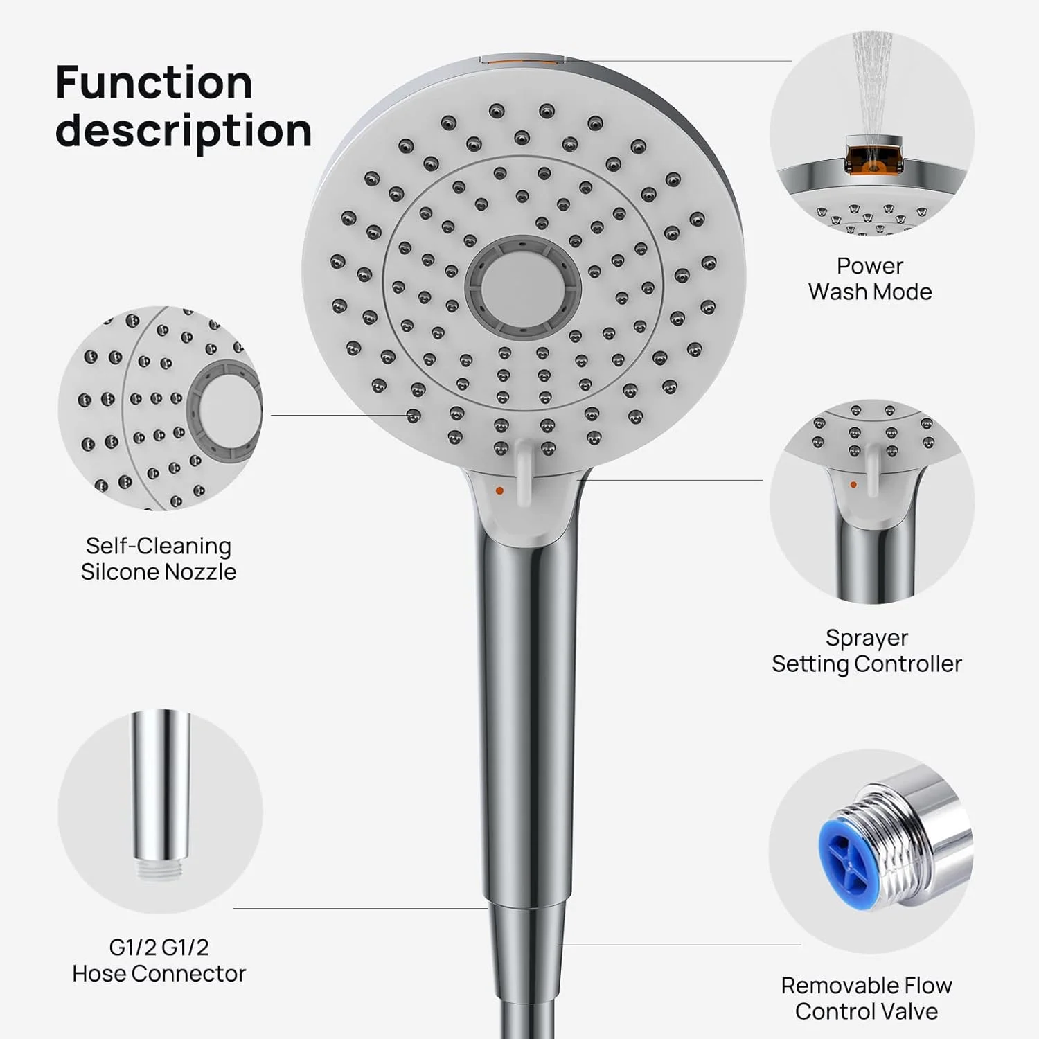 سردوش حمام جومو با فشار قوی و حالت اسپری، دارای 4 عملکرد، سردوش دستی با قابلیت شستشوی قوی داخلی برای بزرگسالان/کودکان/شستشوی حیوانات خانگی، نظافت منزل/حمام/توالت، کروم
