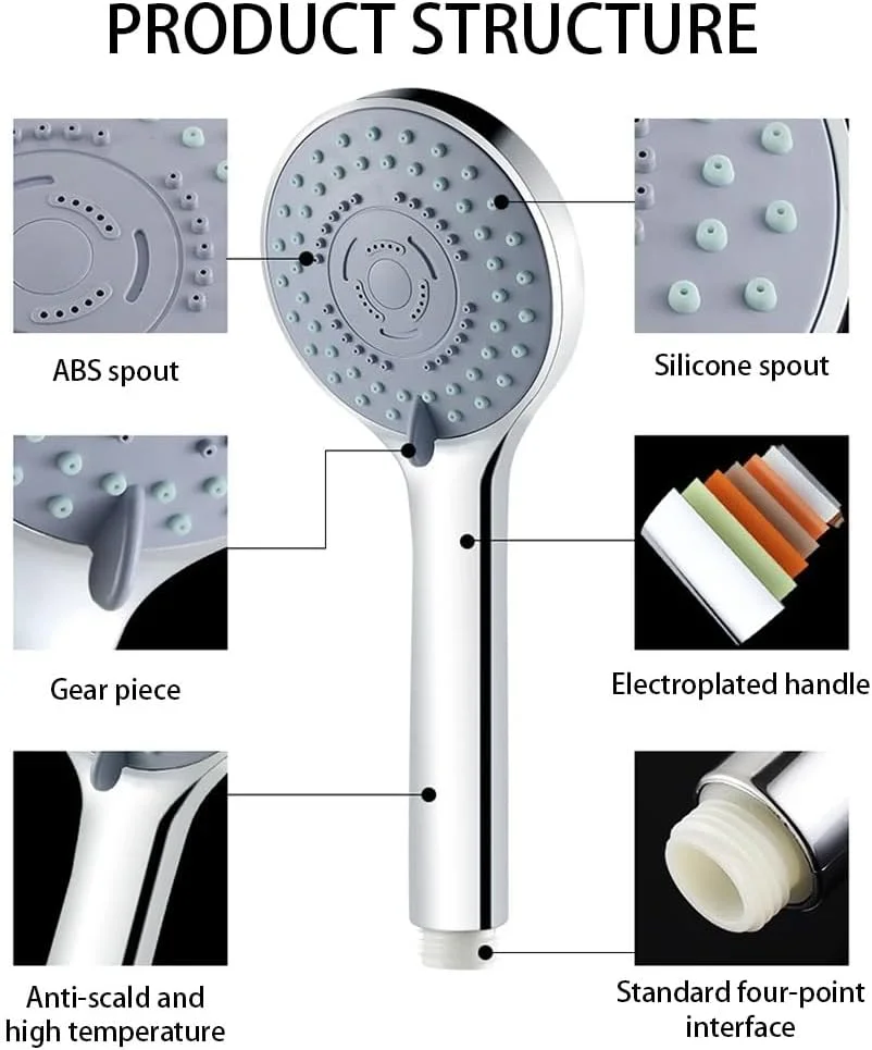 ست دوش حمام 5 سرعته Flow Aqua با شلنگ 1.5 متری و نگهدارنده، عملکردهای ماساژ بارانی با فشار بالا، نقره ای