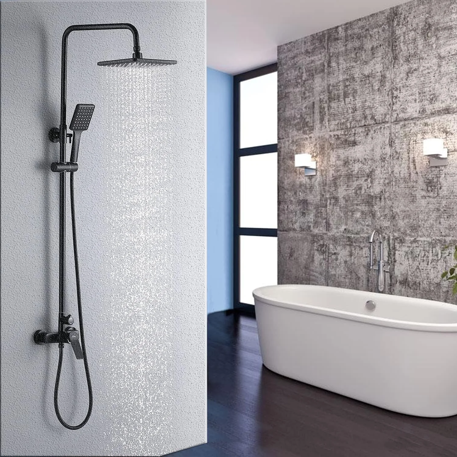 ست کامل شیر دوش Auralum، مشکی، ارتفاع قابل تنظیم 90-124 سانتی متر، سردوش بارانی و دوش دستی، دوش کامل برای حمام