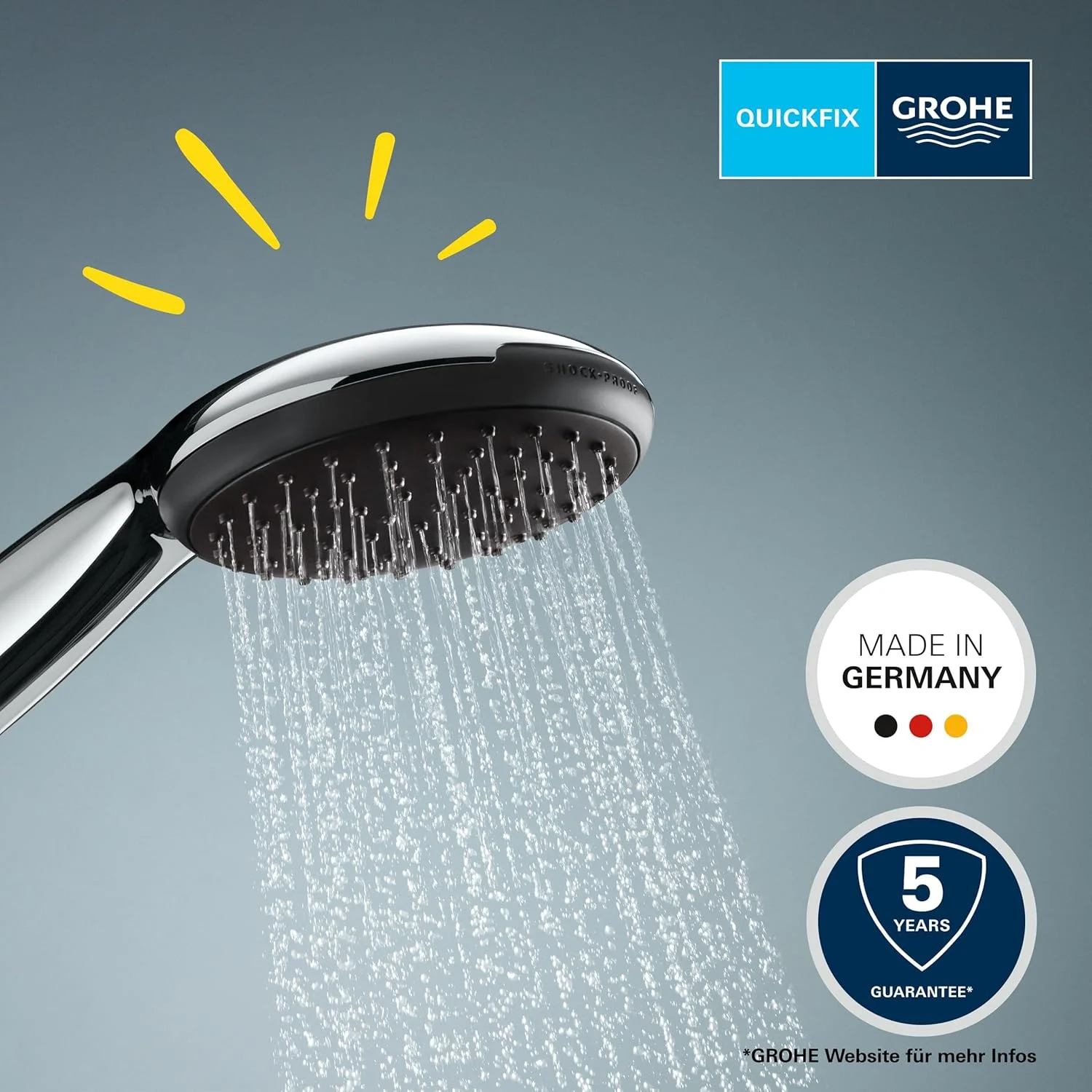 دوش دستی GROHE Vitalio Start 110 - (سر دوش گرد 11 سانتی متر، 2 حالت اسپری: باران و جت، سیستم ضد رسوب، حلقه سیلیکونی و محافظت در برابر سوختگی، سیستم نصب جهانی)، کروم، 26948001