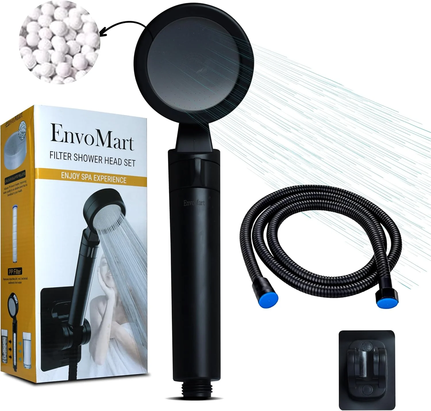 ست سر دوش استیل ضد زنگ EnvoMart - سر دوش با 2 فیلتر دوش برای جلوگیری از ریزش مو و داشتن پوستی نرم - شلنگ دوش 2 متری و نگهدارنده دوش - دوش دستی - فیلتر سر دوش (مشکی)