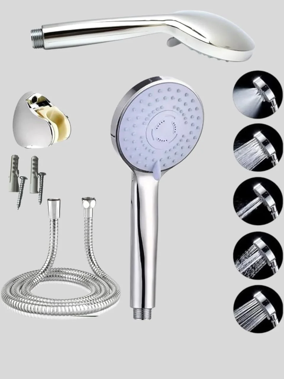 ست سر دوش حمام - 5 حالت اسپری - سر دوش دستی 8 اینچی با شلنگ دوش استیل ضد زنگ 60 اینچی - پایه دوش - سر دوش فشار قوی - مناسب برای ریزش مو، حیوانات خانگی و اسپا