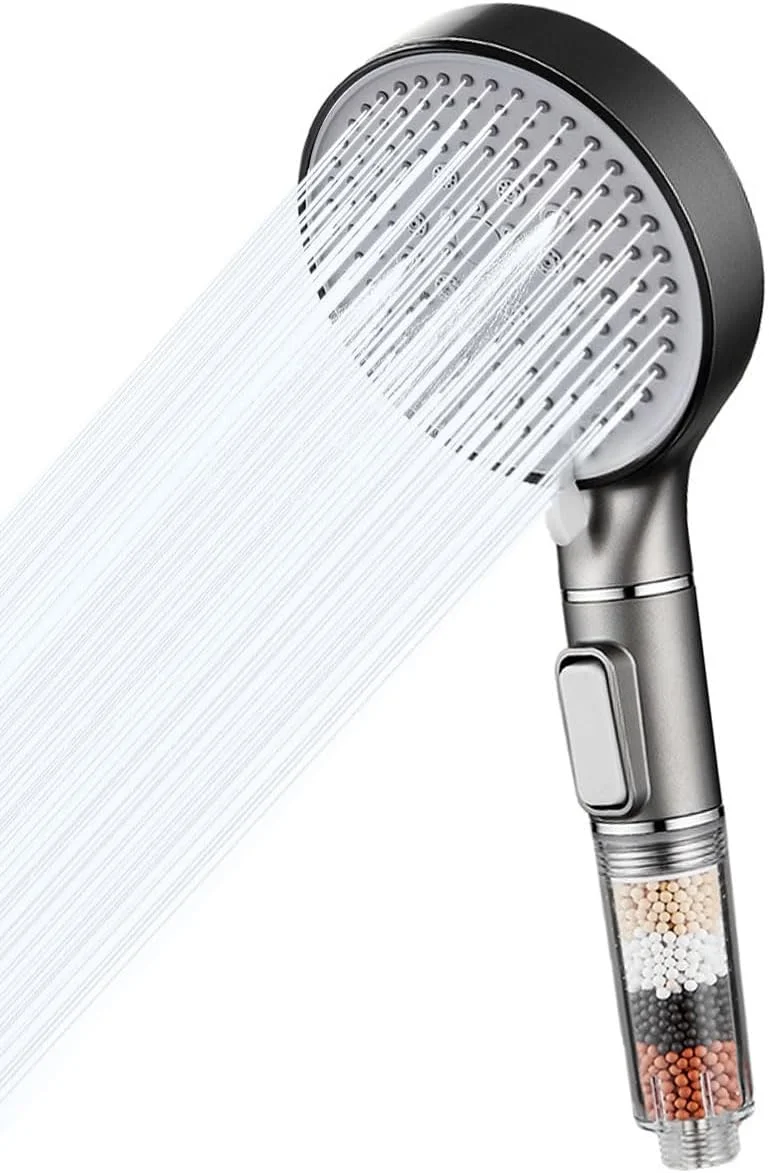 دوش دستی فیلتردار ECVV®، فیلتر مهره معدنی، سر دوش با 5 حالت اسپری، فیلتراسیون توپ های سنگی حذف کلر مواد مضر و تصفیه آب سخت