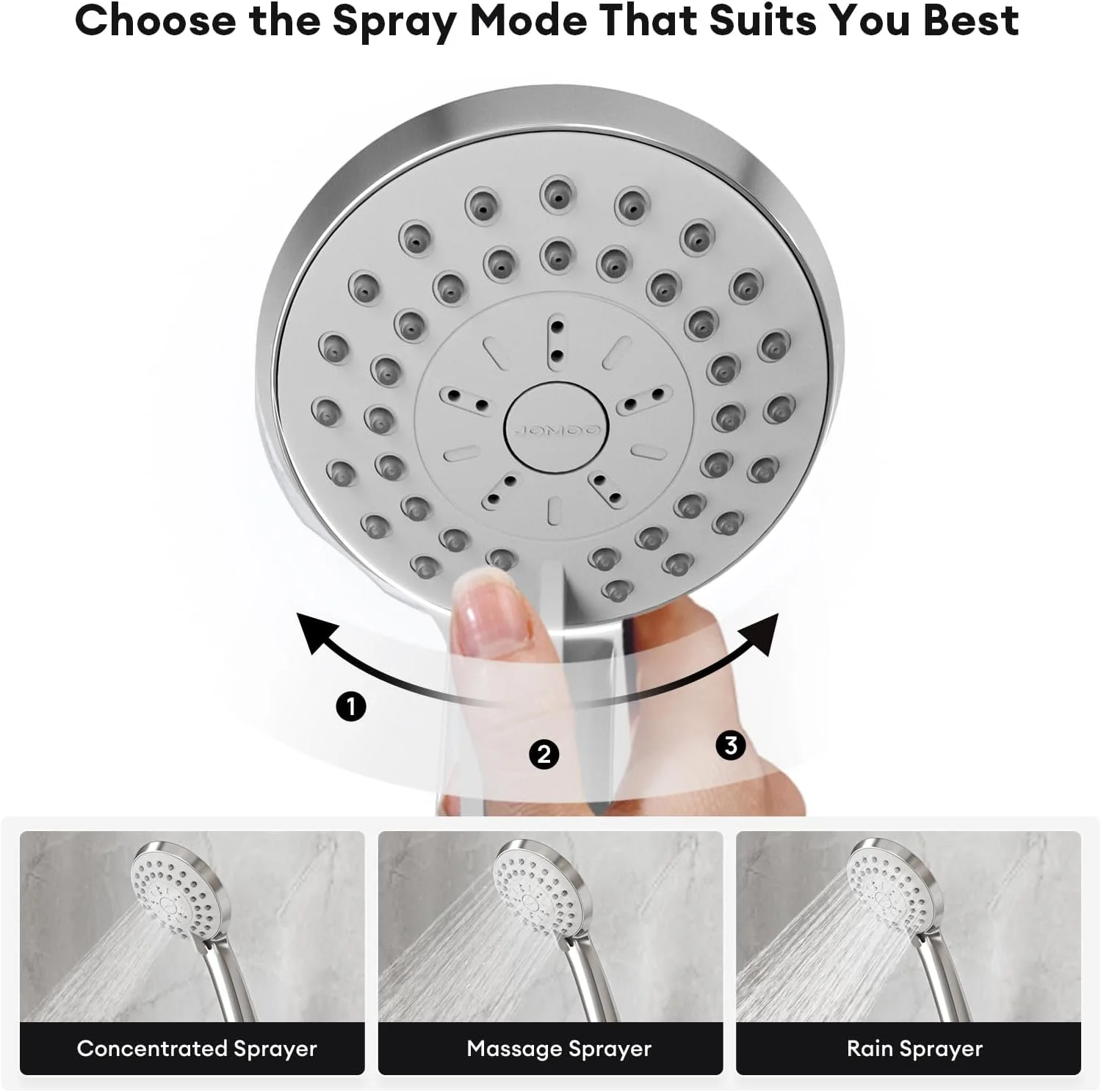 ست دوش دستی JOMOO، سر دوش فشار قوی با 3 حالت اسپری، نازل های 3.5 اینچی 2GPM با قابلیت تمیز کردن آسان، ماساژ آبگرم با شلنگ و نگهدارنده دوش استیل ضد زنگ 60 اینچی، کروم