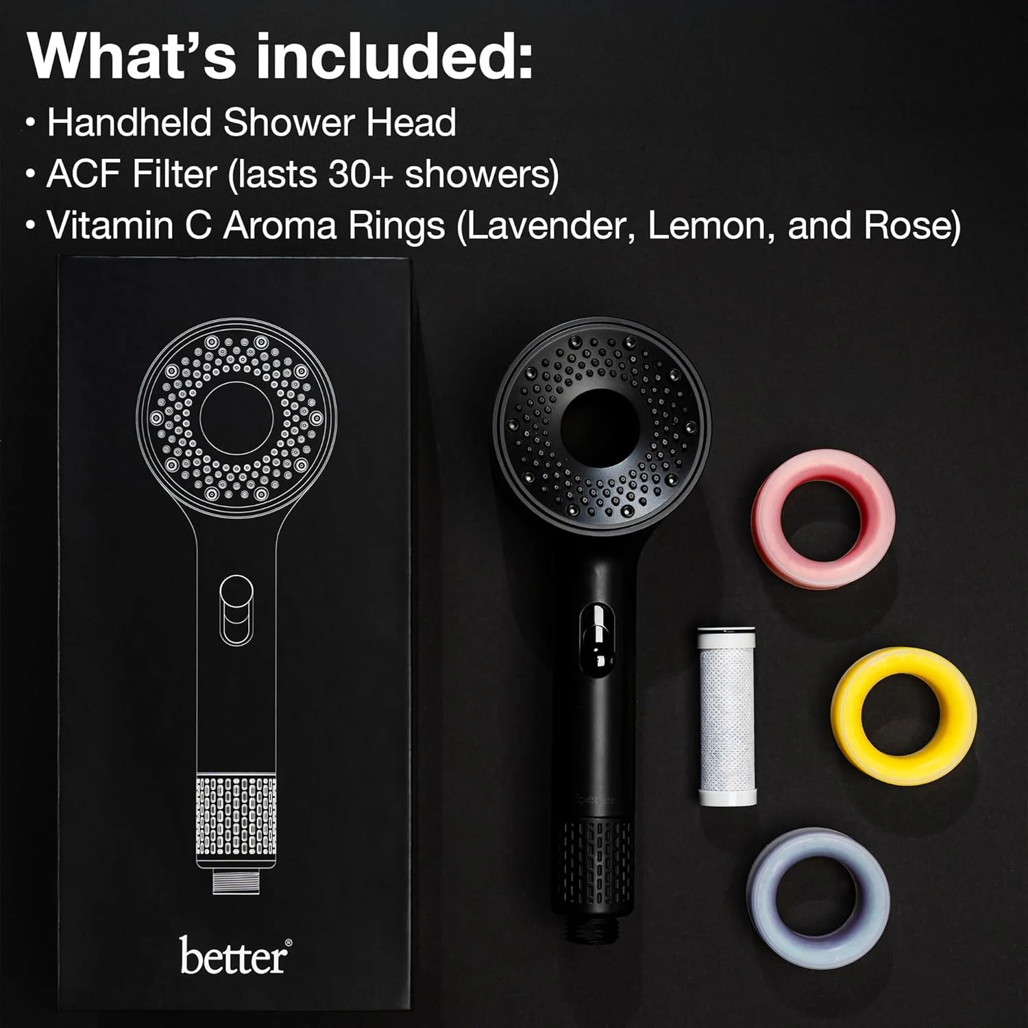 سردوش تصفیه دار بهتر - سردوش فیلتردار با غلاف های رایحه درمانی - حذف کلر - جلوگیری از ریزش مو - با غلاف های معطر ویتامین C (اسطوخودوس، لیمو، گل رز) (مشکی)