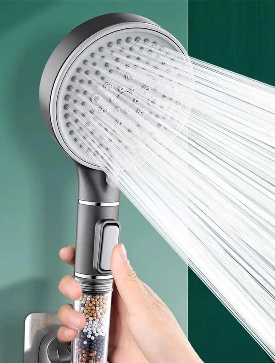 دوش دستی فیلتردار ECVV®، فیلتر مهره معدنی، سر دوش با 5 حالت اسپری، فیلتراسیون توپ های سنگی حذف کلر مواد مضر و تصفیه آب سخت