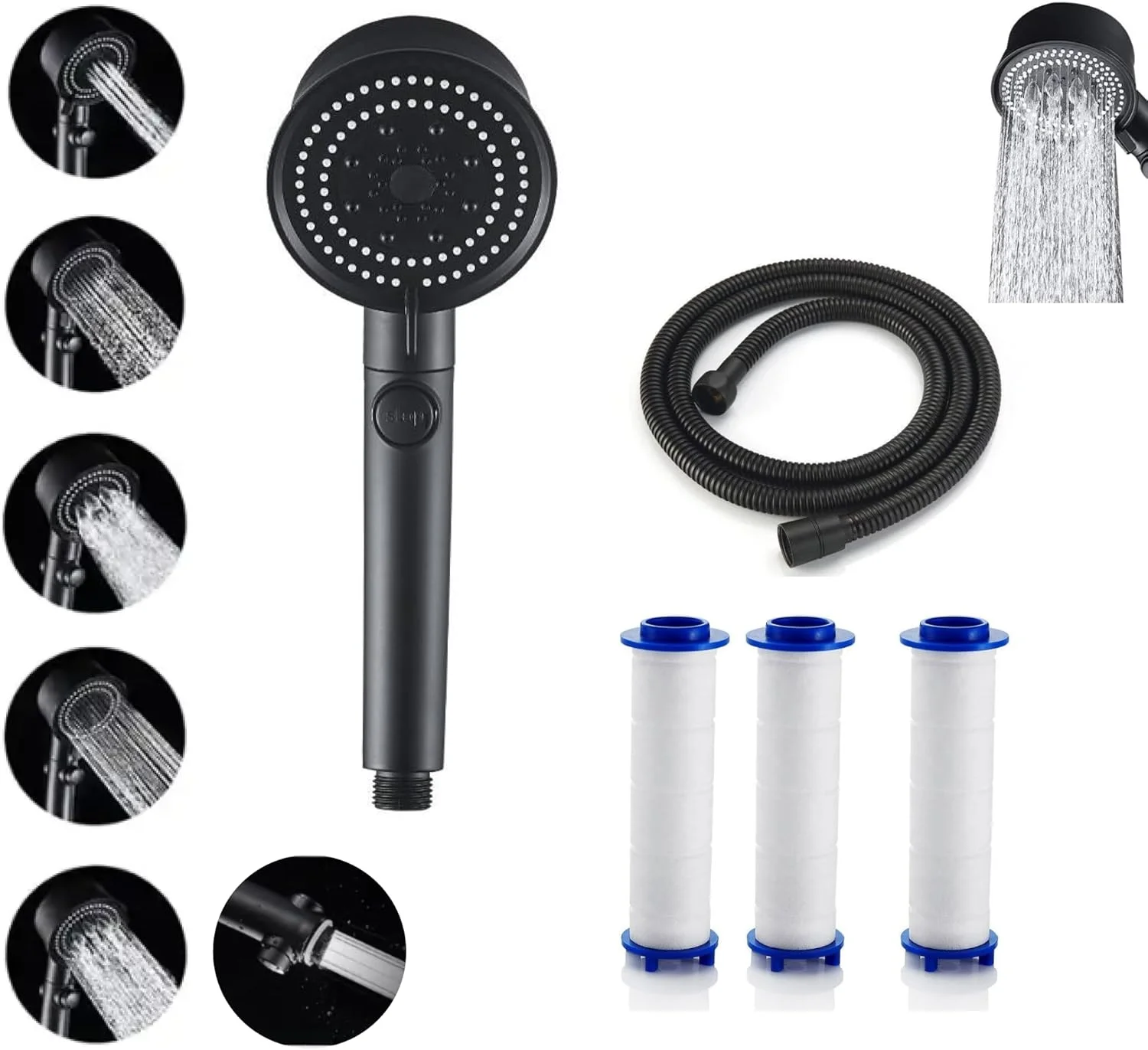 سردوش دستی جاسمارت مشکی با 6 عملکرد، اسپری مه، جت آبی پرفشار، قدرت گردابی، فن توربو 360 درجه ABS | سردوش با سه (3) فیلتر و شلنگ 1.5 متری