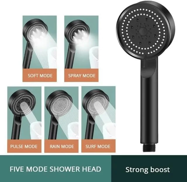 سردوش دستی جاسمارت مشکی با 6 عملکرد، اسپری مه، جت آبی پرفشار، قدرت گردابی، فن توربو 360 درجه ABS | سردوش با سه (3) فیلتر و شلنگ 1.5 متری