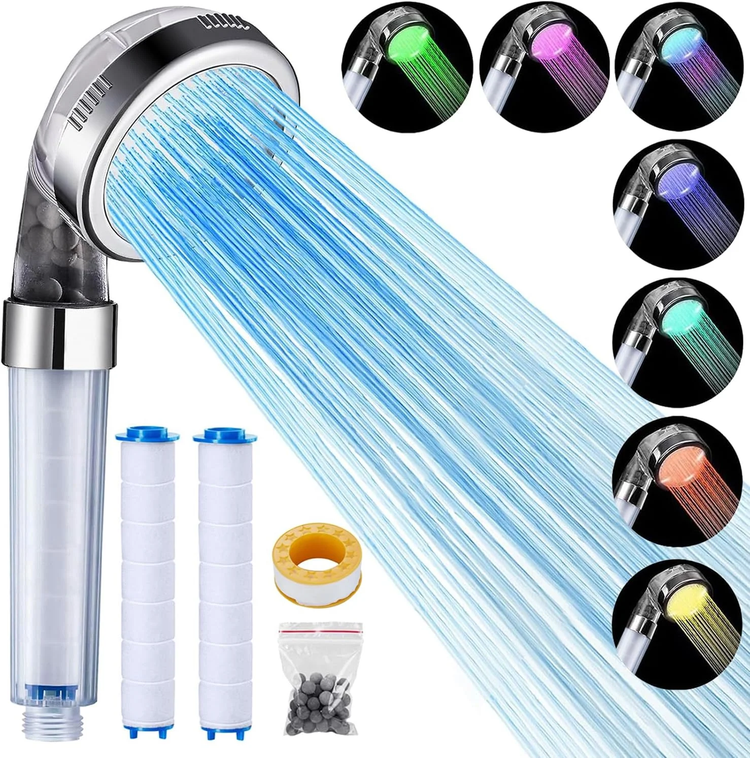 سردوش فیلتردار پنبه ای PUJANE LED PP، تغییر 7 رنگ اتوماتیک، فشار قوی، یونی، دستی، صرفه جویی در آب، به همراه فیلتر پنبه ای اضافی و سنگ های یونی