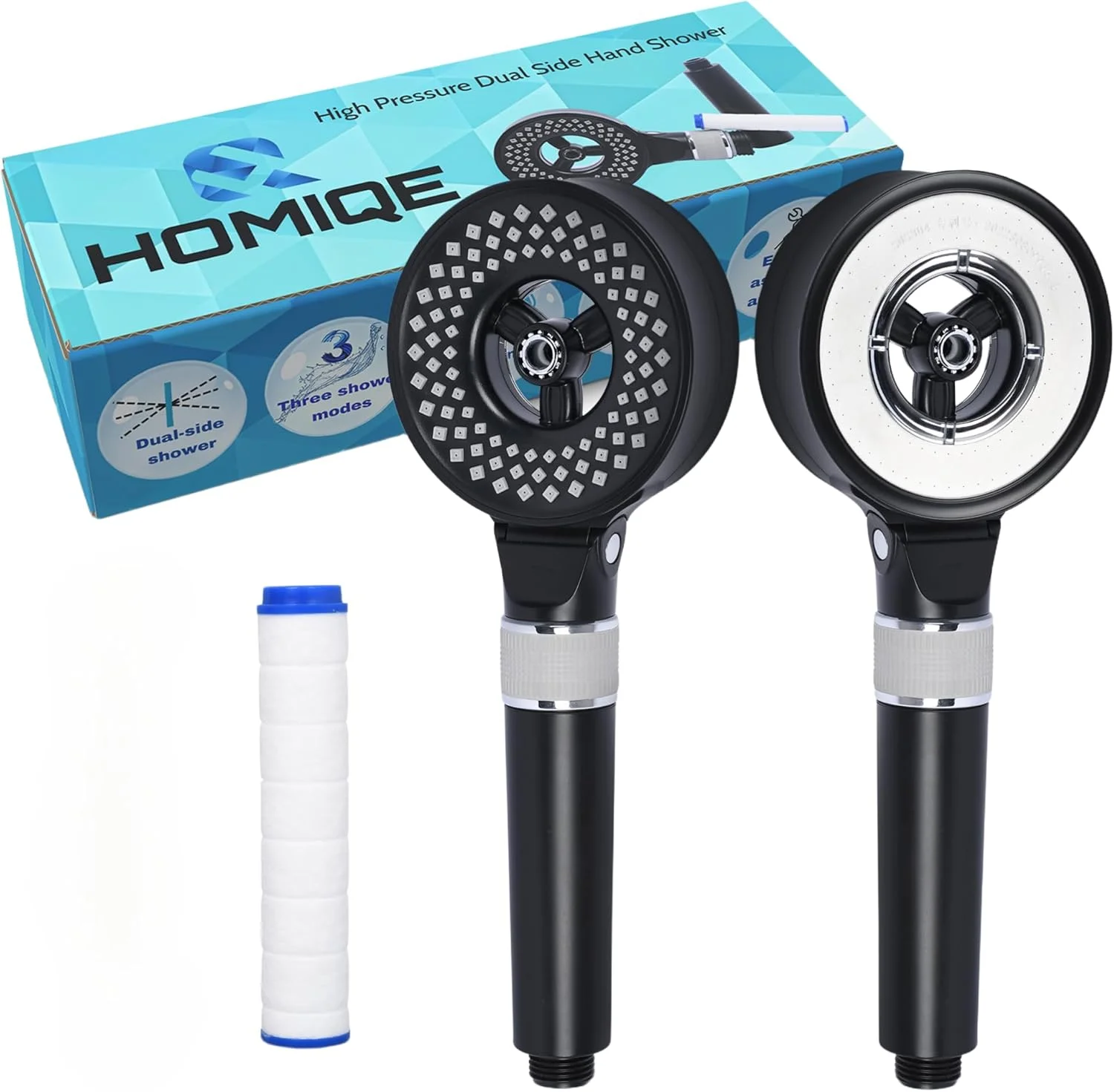 سردوش حمام دو طرفه فشار قوی HOMIQE با فیلتر | 3 حالت اسپری و کنترل جریان | حذف کلر و ذرات | محافظت از پوست و مو | 1 فیلتر (HMQSH(1), مشکی) فیلتر دوش برای حمام