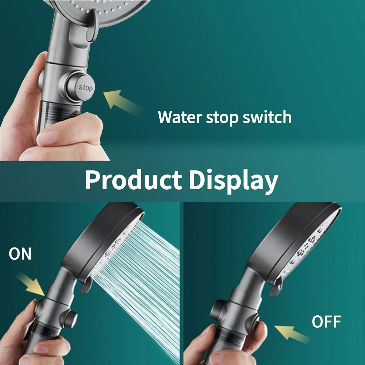 سری دوش فیلتردار فشار قوی، 5 حالت پاشش + 5 فیلتر جایگزین، سردوش با کلید روشن/خاموش، ست سردوش جداشدنی با شلنگ استیل و براکت قابل تنظیم، نصب آسان