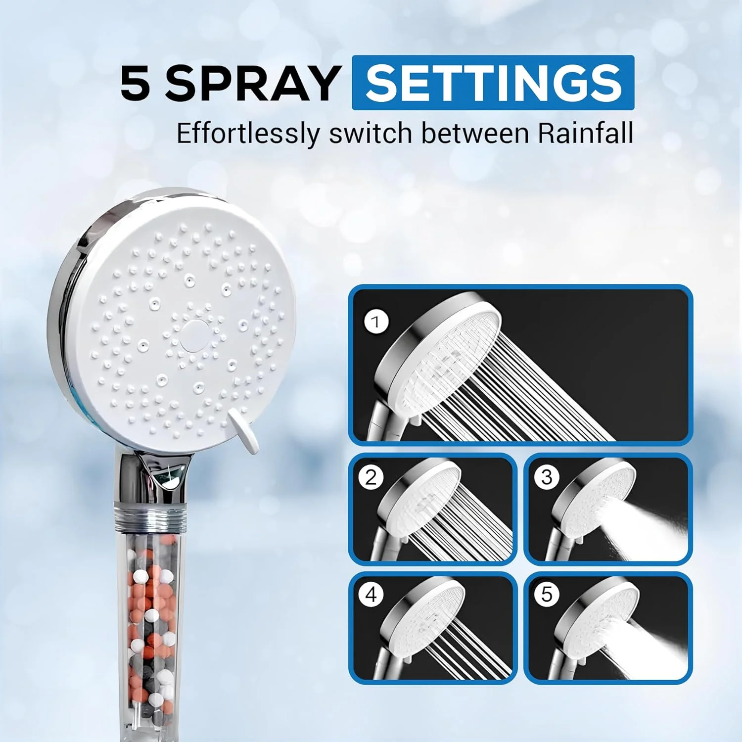 سردوش حمام فشار قوی DANEEN با سیستم فیلتراسیون، نوار تفلون (جت، بارانی و ماساژ)، کاهش ریزش مو، تقویت پوست، فیلتر، تصفیه و صرفه جویی در آب (5 حالته با شلنگ 1.5 متری)