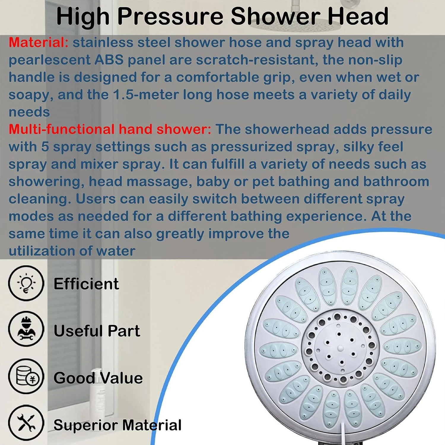 سردوش حمام فشار قوی با سر دوشی دستی، 5 حالت اسپری، ست سردوش جداشدنی با شلنگ استیل 1.5 متری (قطر 15.5 سانتی متر)
