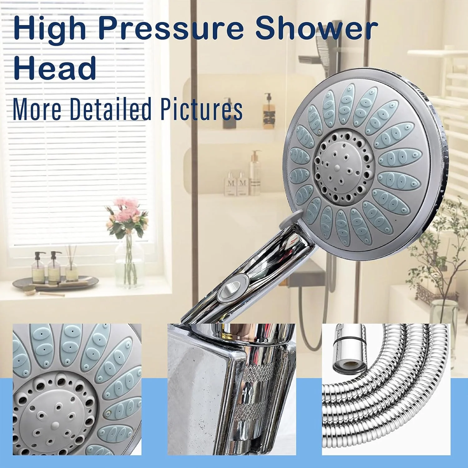 سردوش حمام فشار قوی با سر دوشی دستی، 5 حالت اسپری، ست سردوش جداشدنی با شلنگ استیل 1.5 متری (قطر 15.5 سانتی متر)