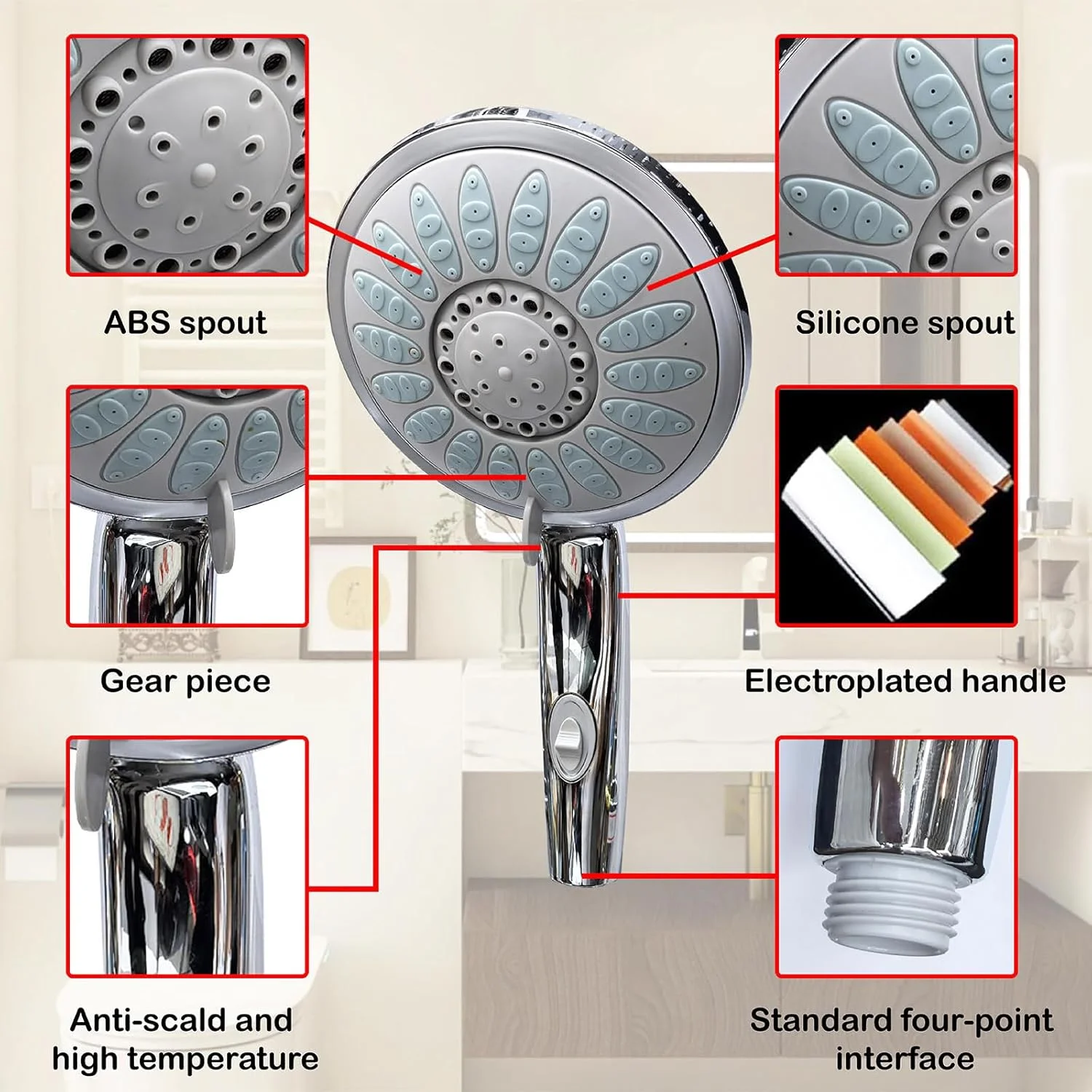 سردوش حمام فشار قوی با سر دوشی دستی، 5 حالت اسپری، ست سردوش جداشدنی با شلنگ استیل 1.5 متری (قطر 15.5 سانتی متر)